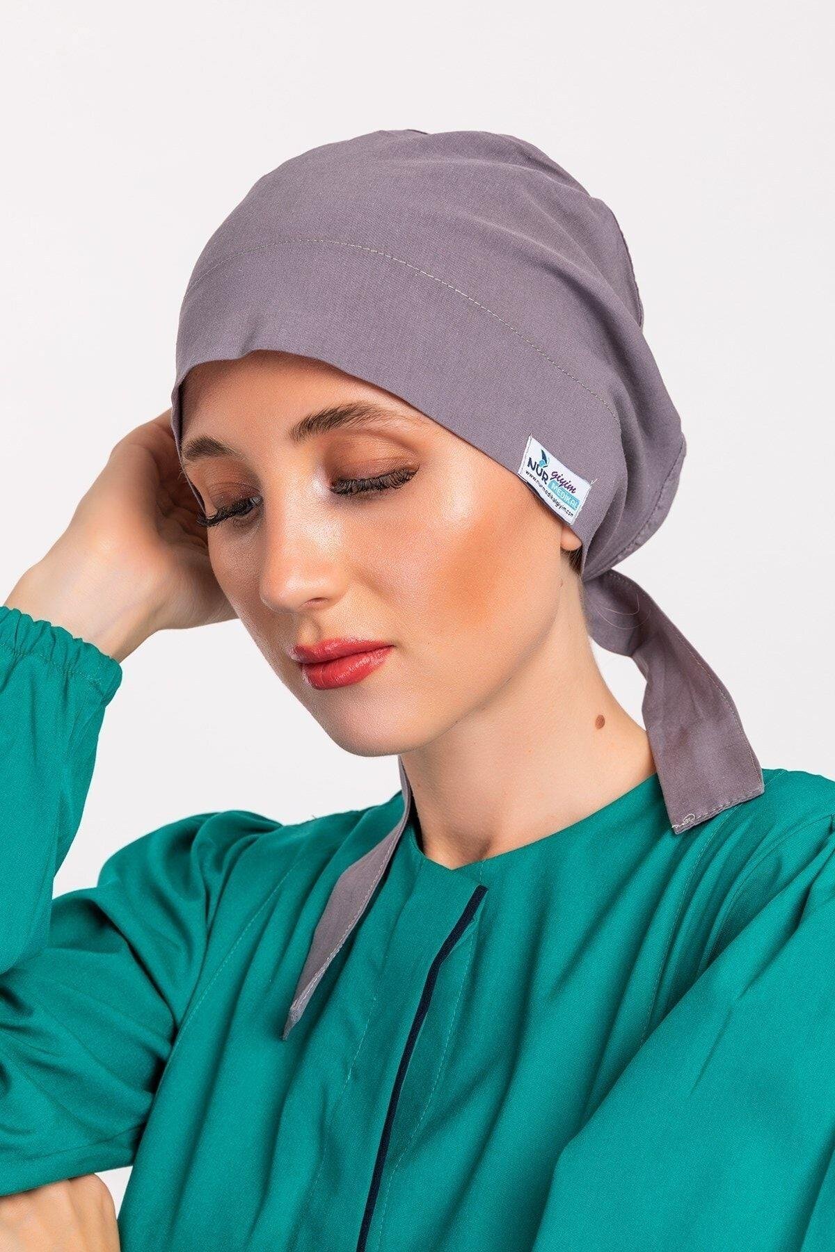 Kadın Düz Gri Desenli Tesettür Doktor Hemşire Hastane Aşçı Cerrahi Bone-Nur Medikal Giyim