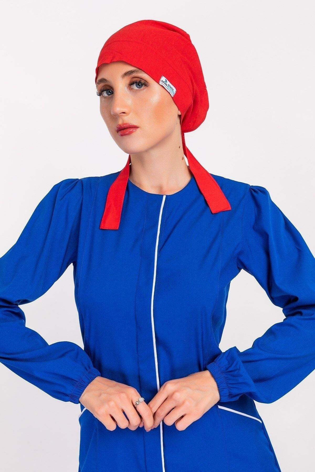 Kadın Düz Kırmızı Tesettür Doktor Hemşire Hastane Aşçı Cerrahi Bone-Nur Medikal Giyim