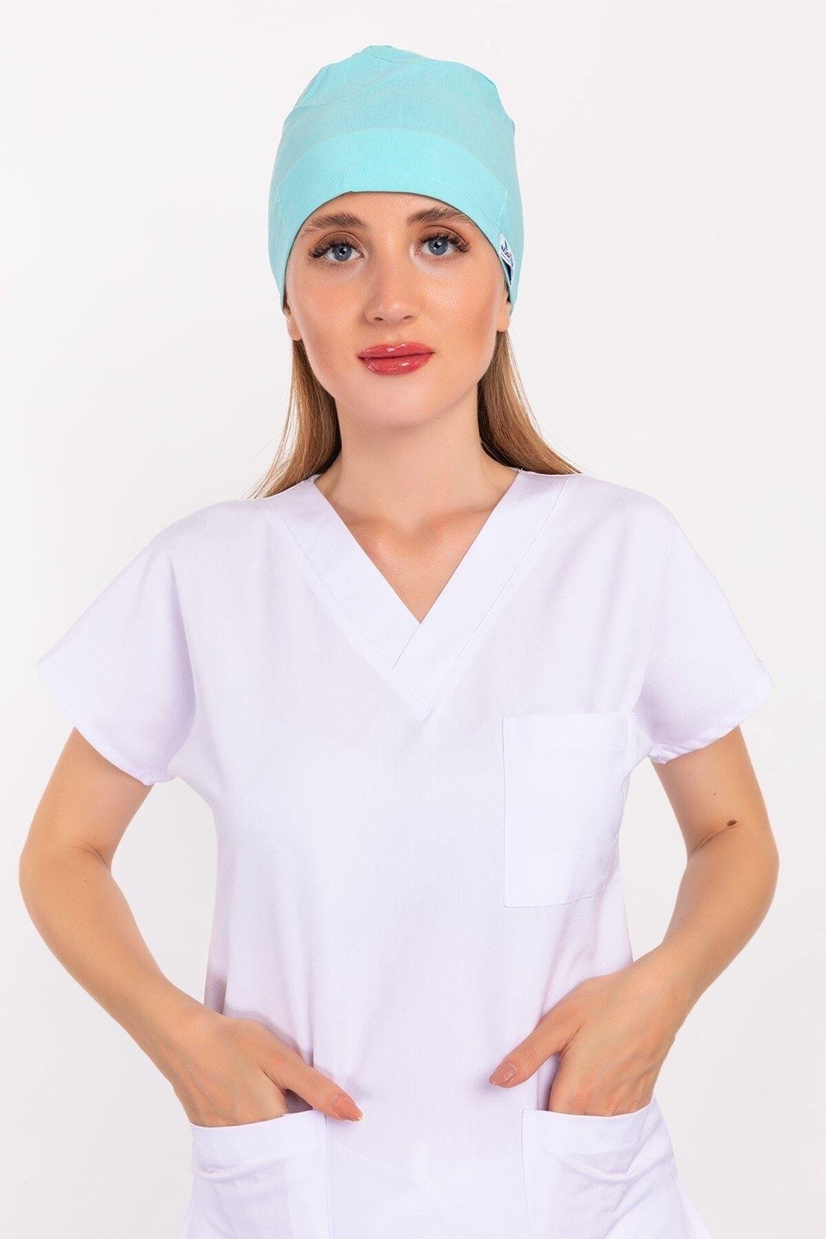 Kadın Düz Mint Mavi Cerrahi Hastane Doktor Hemşire Aşçı Bonesi-Nur Medikal Giyim