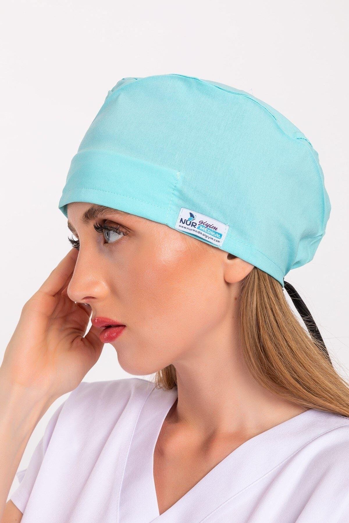 Kadın Düz Mint Mavi Cerrahi Hastane Doktor Hemşire Aşçı Bonesi-Nur Medikal Giyim