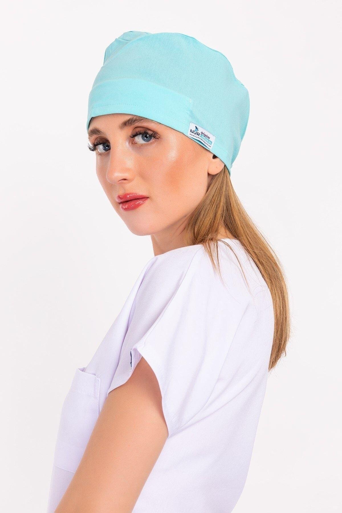 Kadın Düz Mint Mavi Cerrahi Hastane Doktor Hemşire Aşçı Bonesi-Nur Medikal Giyim