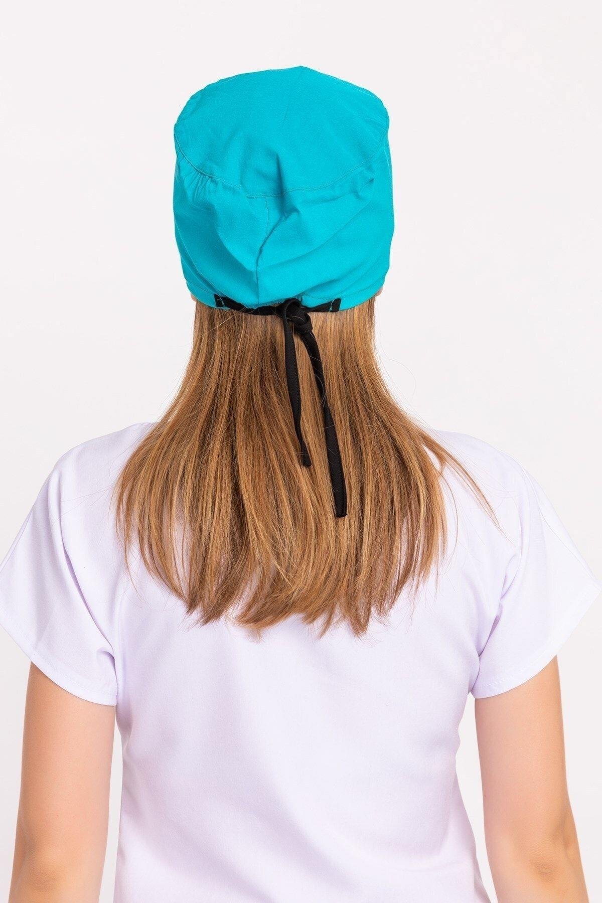 Kadın Düz Turkuaz Mavi Hastane Doktor Hemşire Aşçı Bonesi-Nur Medikal Giyim