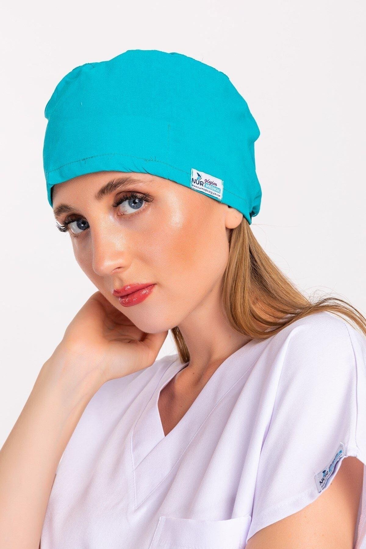 Kadın Düz Turkuaz Mavi Hastane Doktor Hemşire Aşçı Bonesi-Nur Medikal Giyim