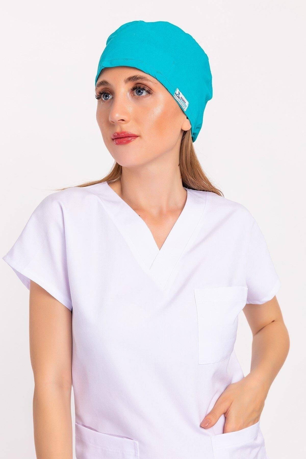 Kadın Düz Turkuaz Mavi Hastane Doktor Hemşire Aşçı Bonesi-Nur Medikal Giyim