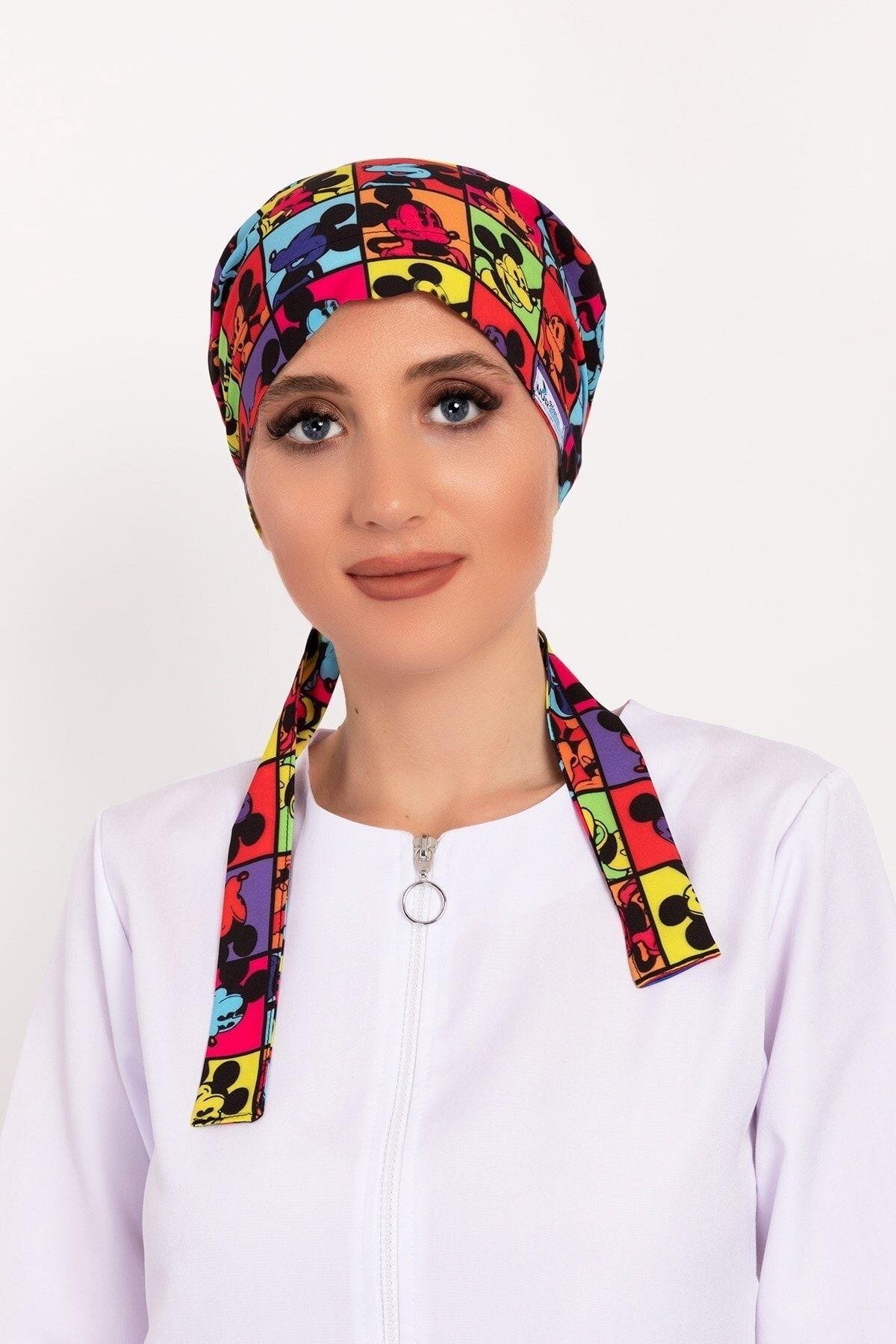 Kadın Kareli Mickey Desenli Tesettür Doktor Hemşire Hastane Aşçı Cerrahi Bonesi-Nur Medikal Giyim