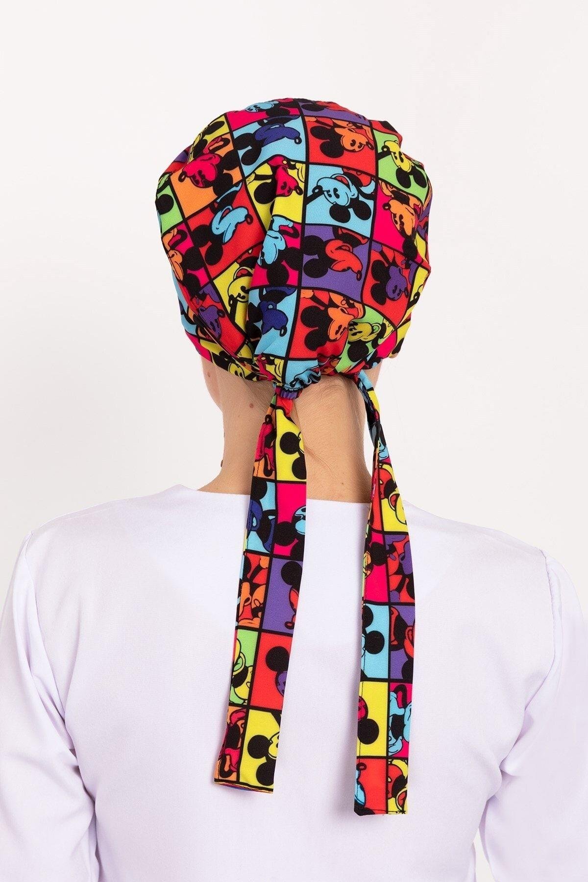 Kadın Kareli Mickey Desenli Tesettür Doktor Hemşire Hastane Aşçı Cerrahi Bonesi-Nur Medikal Giyim