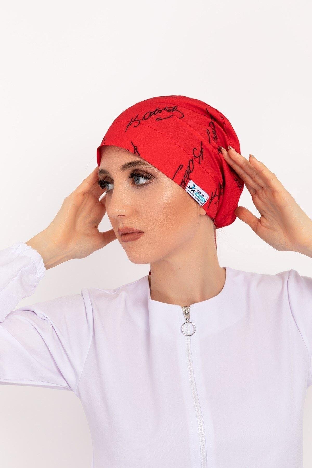 Kadın Kırmızı Atatürk Imza Desenli Tesettür Doktor Hemşire Hastane Aşçı Cerrahi Bonesi-Nur Medikal Giyim