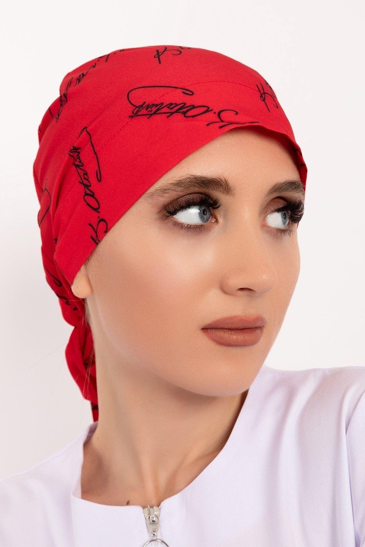 Kadın Kırmızı Atatürk Imza Desenli Tesettür Doktor Hemşire Hastane Aşçı Cerrahi Bonesi-Nur Medikal Giyim