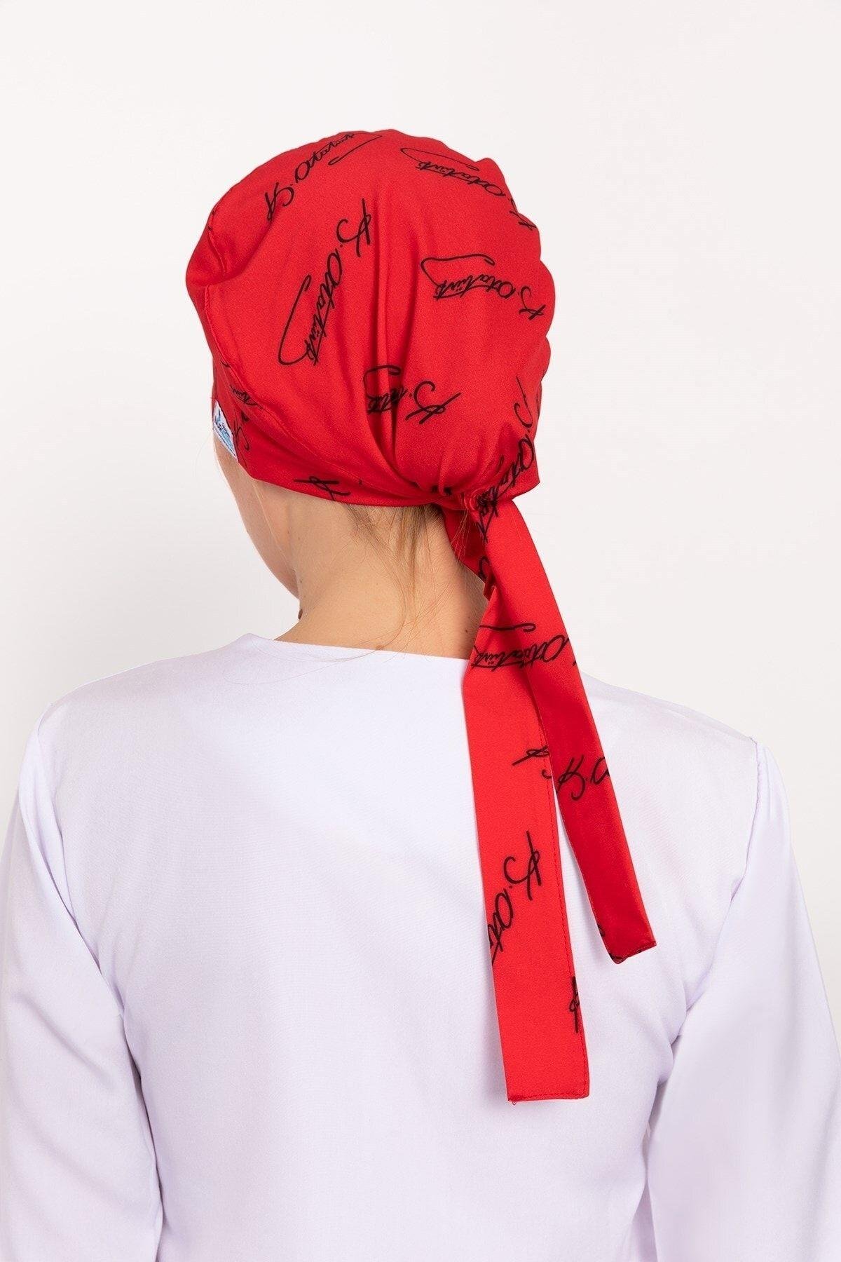 Kadın Kırmızı Atatürk Imza Desenli Tesettür Doktor Hemşire Hastane Aşçı Cerrahi Bonesi-Nur Medikal Giyim