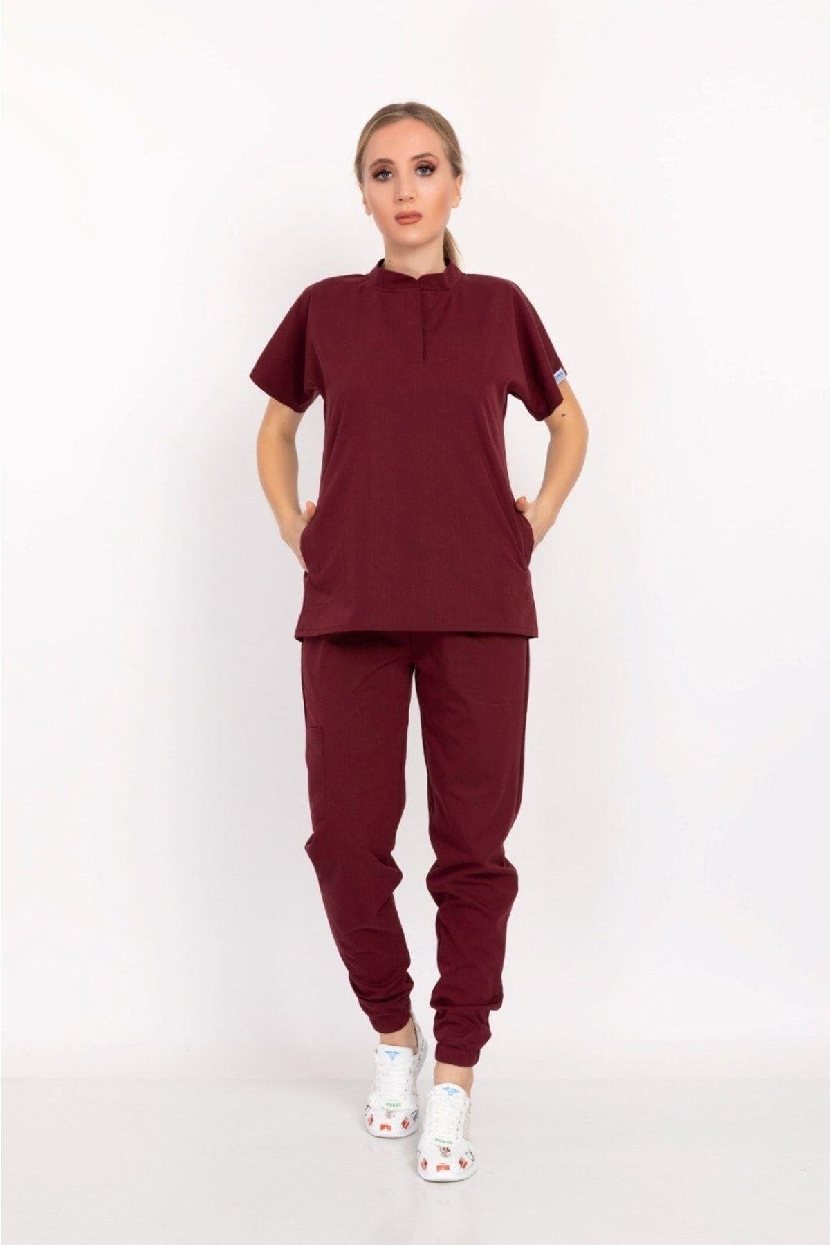 Kadın Koyu Bordo Renk Likra Hakim Yaka Çıt Çıtlı Hemşire Doktor Hastane Üniforma Takım-Nur Medikal Giyim