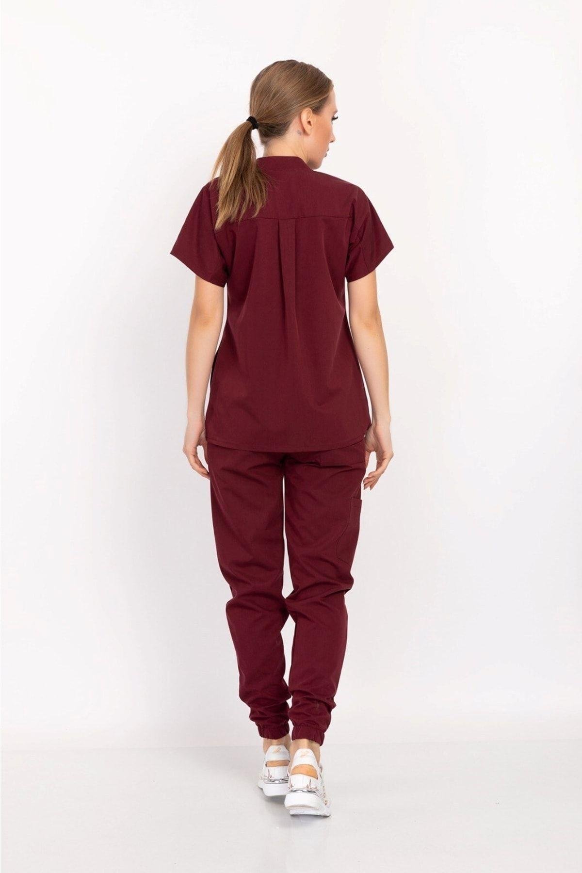 Kadın Koyu Bordo Renk Likra Hakim Yaka Çıt Çıtlı Hemşire Doktor Hastane Üniforma Takım-Nur Medikal Giyim