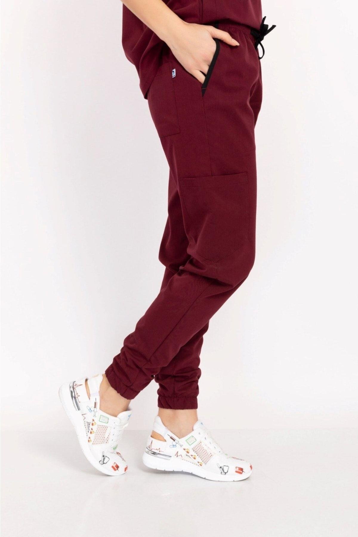 Kadın Koyu Bordo Renk Likra Hakim Yaka Çıt Çıtlı Hemşire Doktor Hastane Üniforma Takım-Nur Medikal Giyim