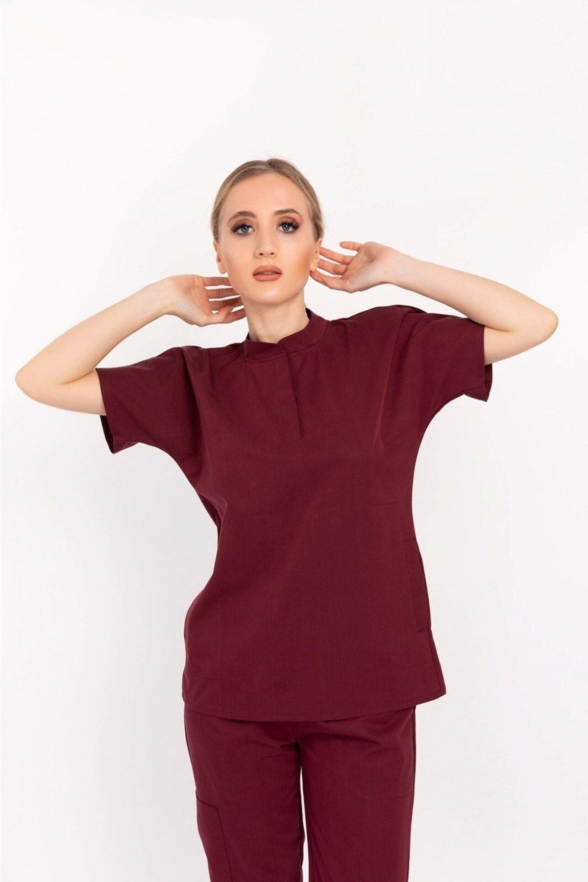 Kadın Koyu Bordo Renk Likra Hakim Yaka Çıt Çıtlı Hemşire Doktor Hastane Üniforma Takım-Nur Medikal Giyim