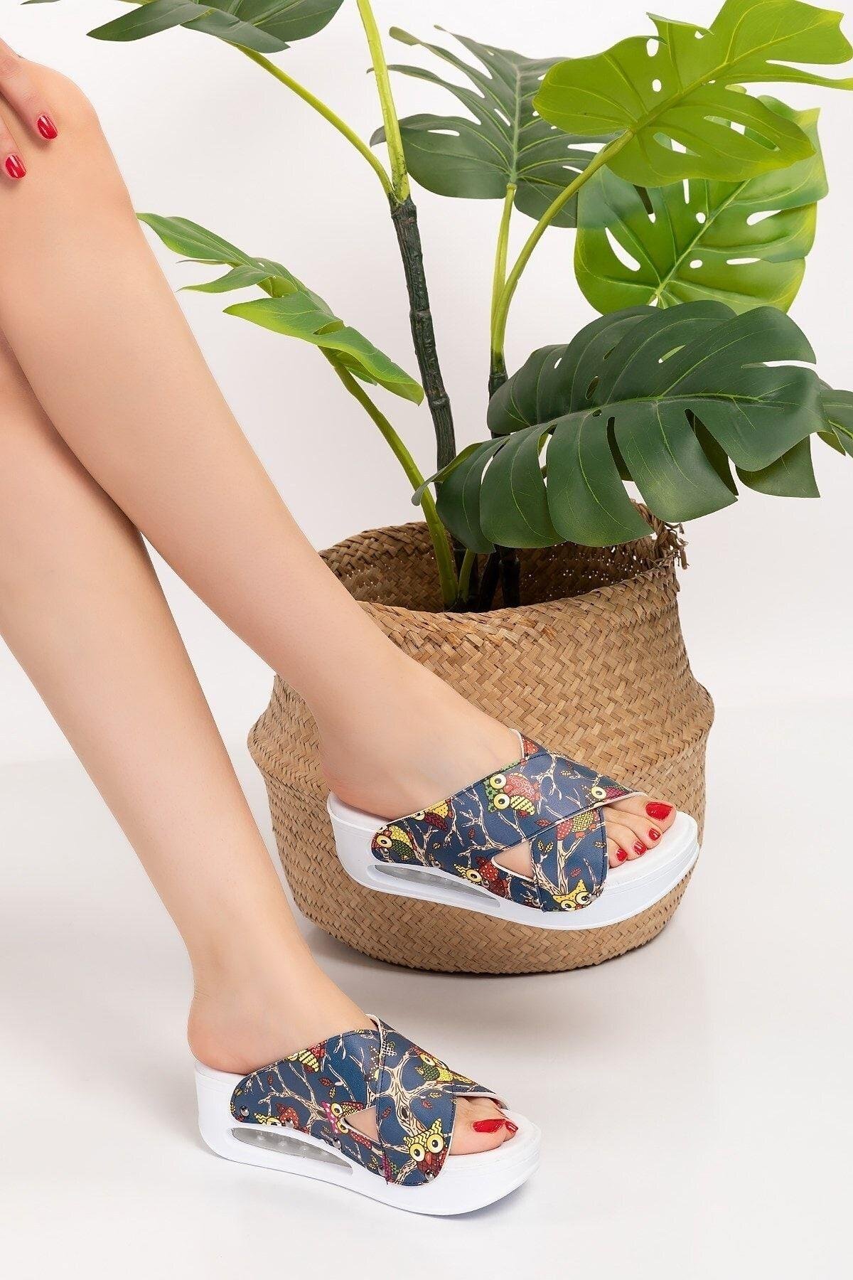 Kadın Lacivert Baykuş Desenli Çapraz Model Açık Airmax Taban Ortopedik Terlik-Nur Ortopedi
