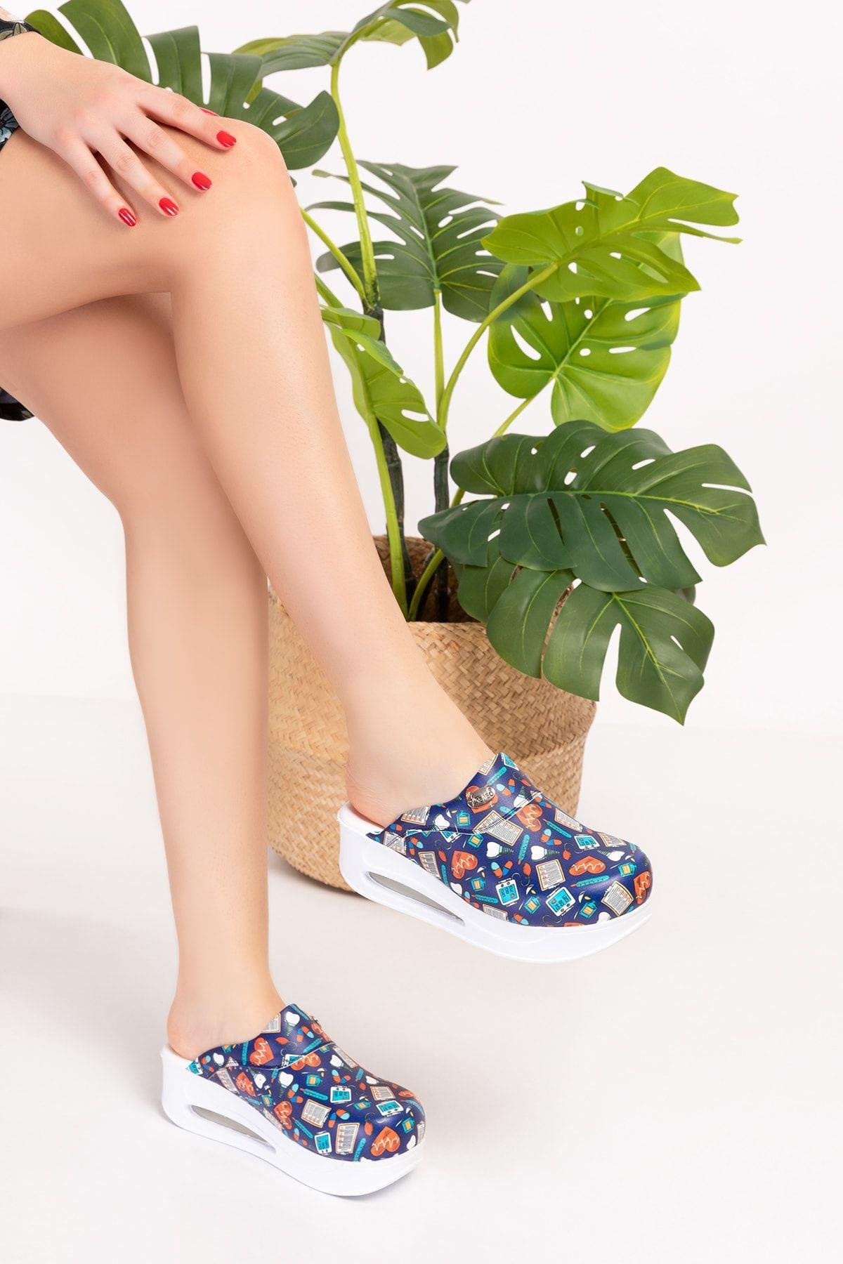 Kadın Lacivert Kalp Atışı Temalı Kapalı Airmax Sabo Terlik-Nur Ortopedi