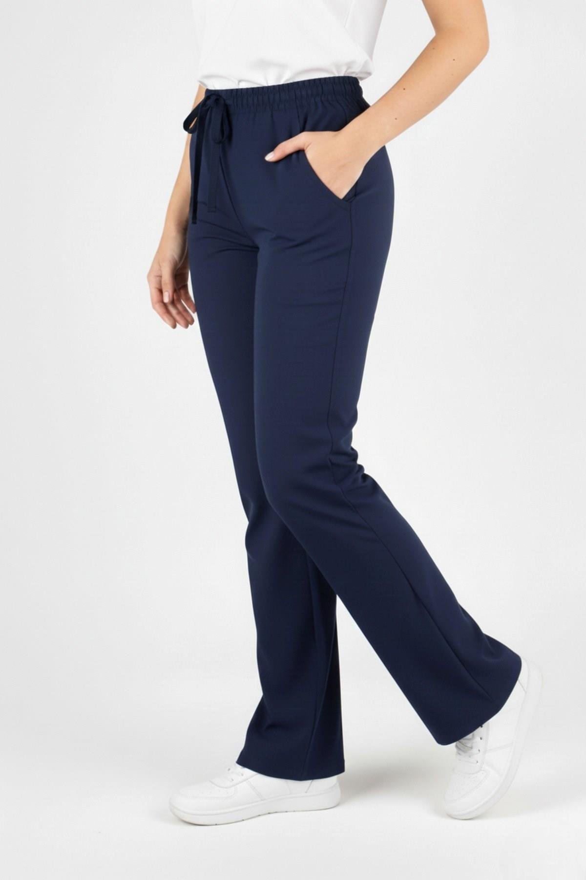 Kadın Lacivert Likralı İspanyol Paça Doktor Hemşire Scrubs Pantolonu-Nur Medikal Giyim