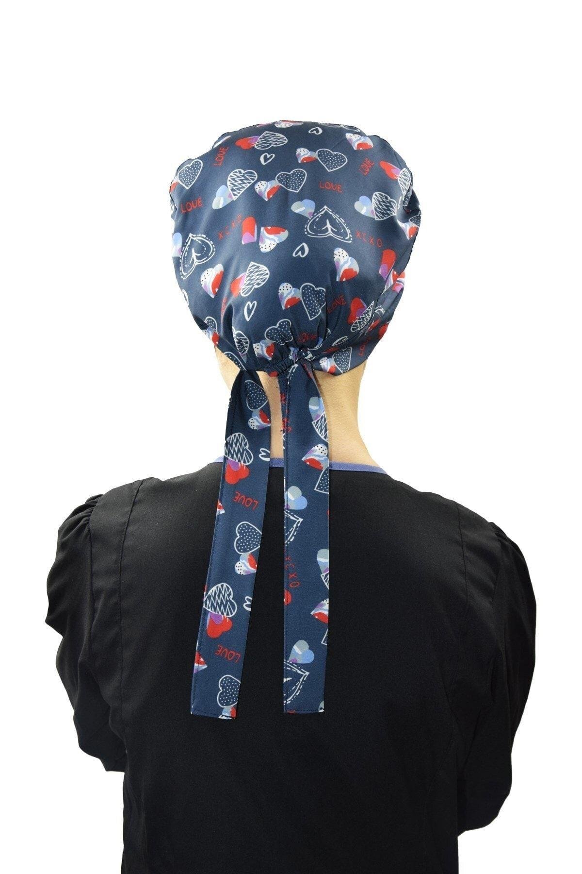 Kadın Lacivert Love Desenli Tesettür Doktor Hemşire Hastane Aşçı Cerrahi Bone-Nur Medikal Giyim