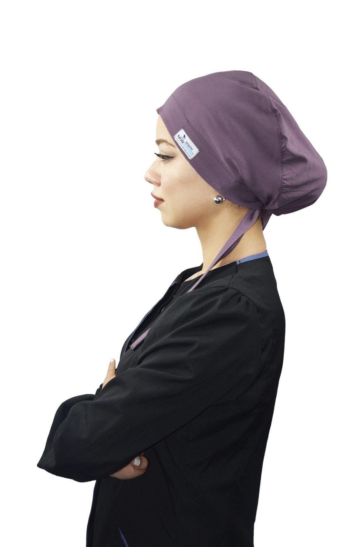 Kadın Likralı Tesettür Düz Leylak Doktor Hemşire Aşçı Tesettür Cerrahi Bonesi-Nur Ortopedi