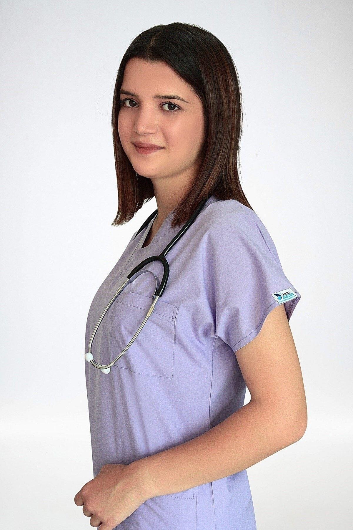 Kadın Lila Renk Likralı Cerrahi Tek Üst Doktor Hemşire Hastane Forma-Nur Medikal Giyim