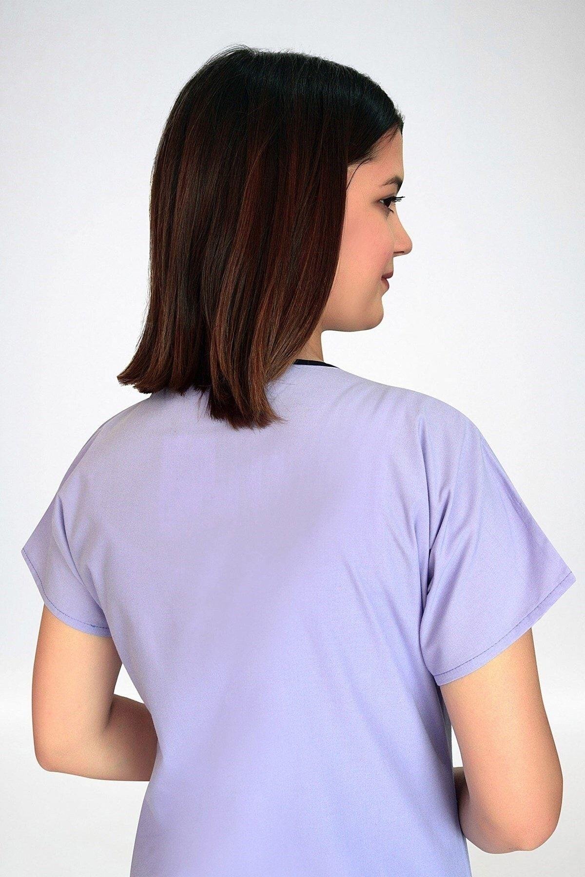 Kadın Lila Renk Likralı Cerrahi Tek Üst Doktor Hemşire Hastane Forma-Nur Medikal Giyim