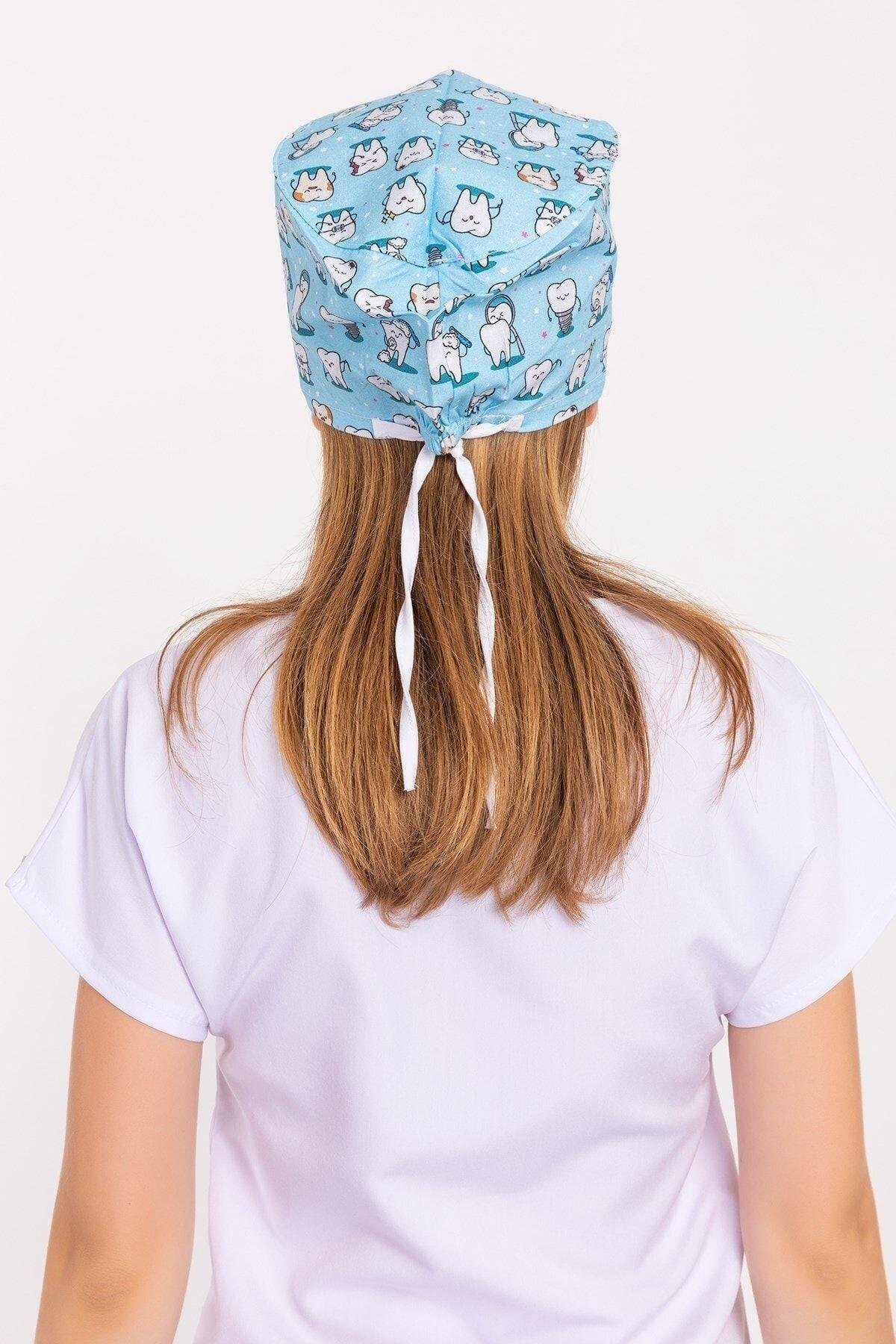 Kadın Master Likra Mavi Diş Desenli Doktor Hemşire Hastane Diş Hekimi Cerrahi Bone-Nur Medikal Giyim