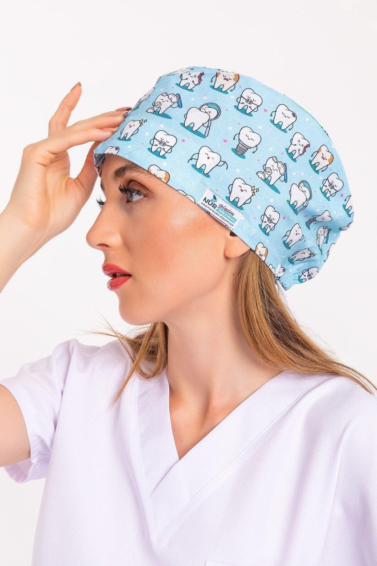 Kadın Master Likra Mavi Diş Desenli Doktor Hemşire Hastane Diş Hekimi Cerrahi Bone-Nur Medikal Giyim