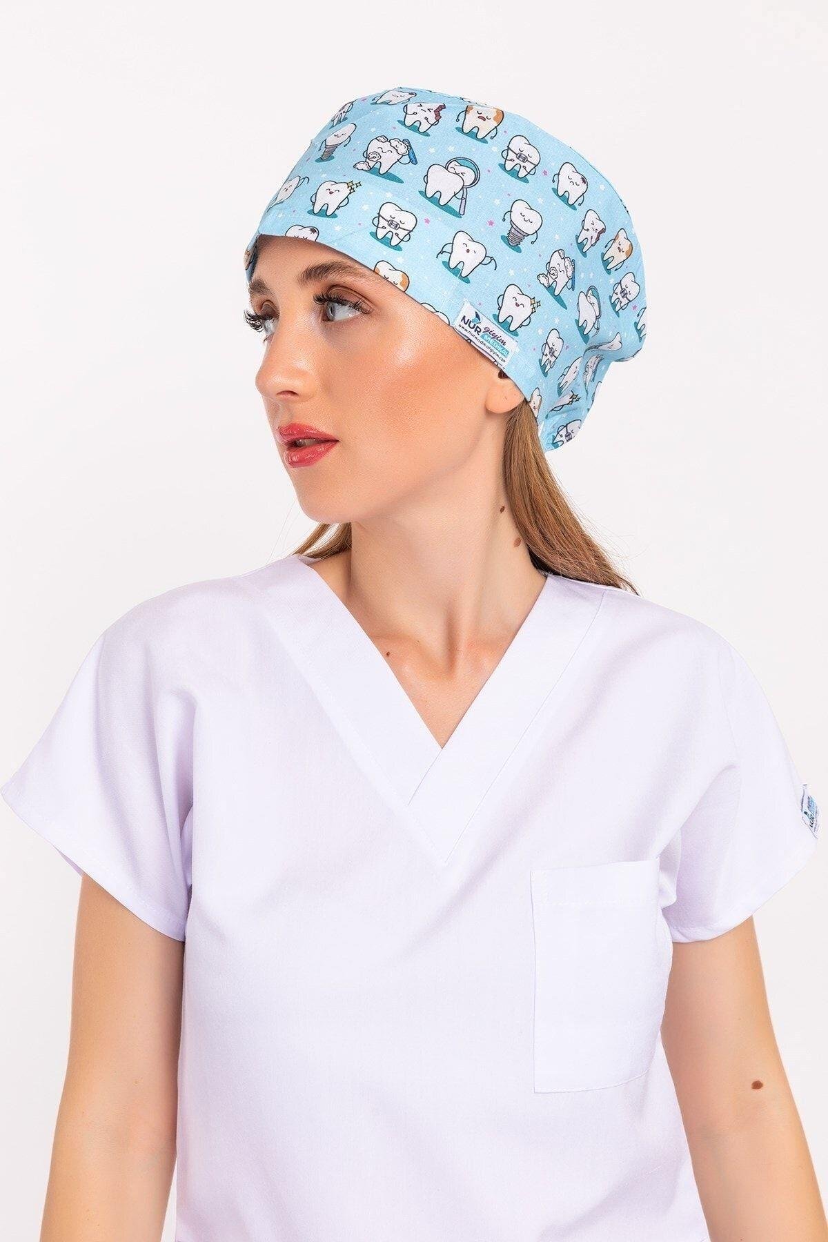 Kadın Master Likra Mavi Diş Desenli Doktor Hemşire Hastane Diş Hekimi Cerrahi Bone-Nur Medikal Giyim