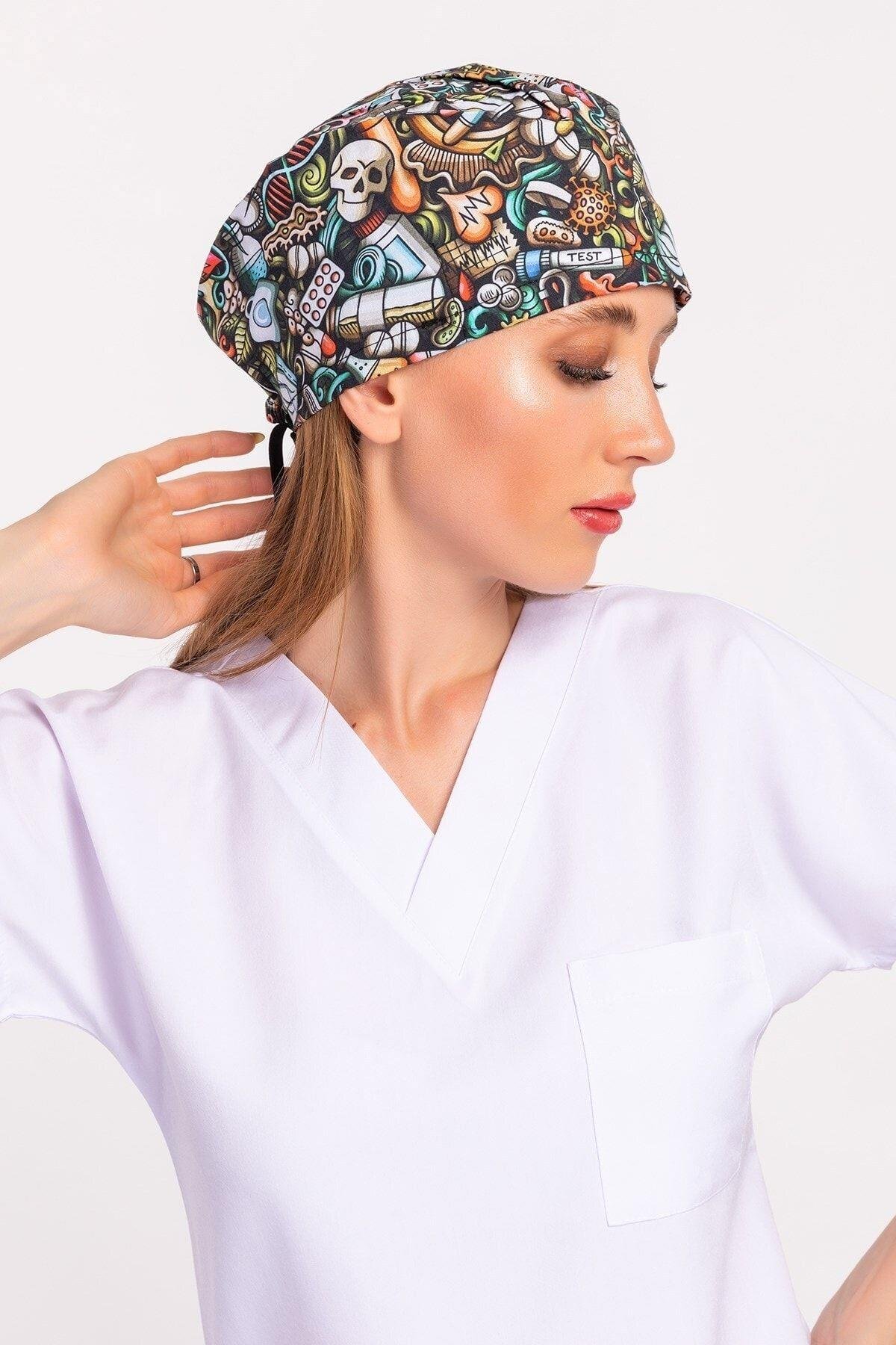 Kadın Master Likra Test Desenli Medikal Ameliyathane Cerrahi Doktor Hemşire Hastane Bonesi-Nur Medikal Giyim