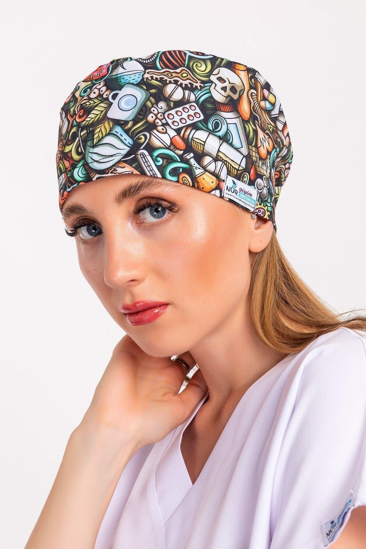 Kadın Master Likra Test Desenli Medikal Ameliyathane Cerrahi Doktor Hemşire Hastane Bonesi-Nur Medikal Giyim