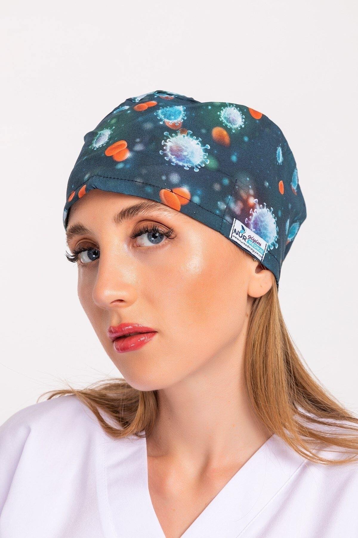 Kadın Master Likra Virüs Desenli Doktor Hemşire Hastane Cerrahi Bone-Nur Medikal Giyim