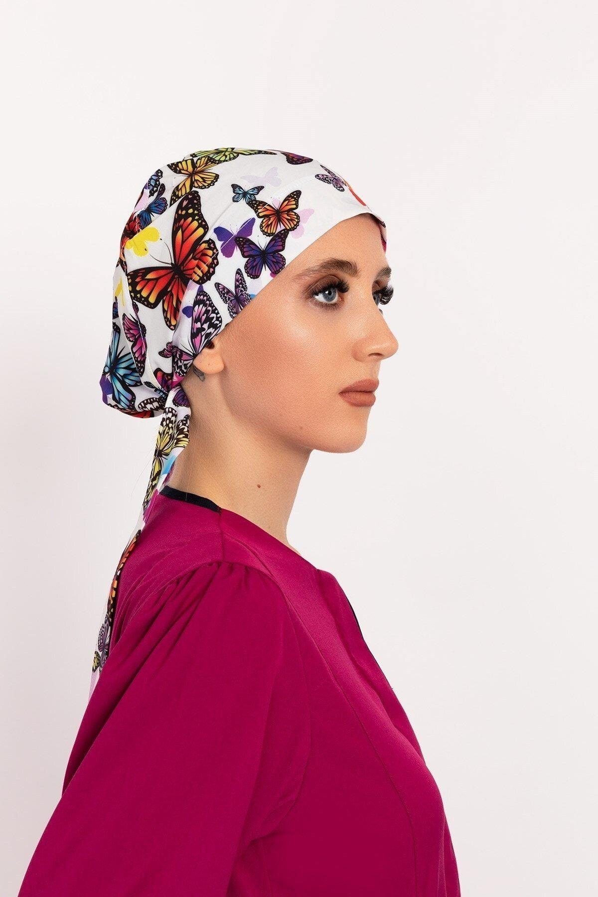 Kadın Mor Kelebek Desenli Tesettür Doktor Hemşire Hastane Aşçı Cerrahi Bone-Nur Medikal Giyim