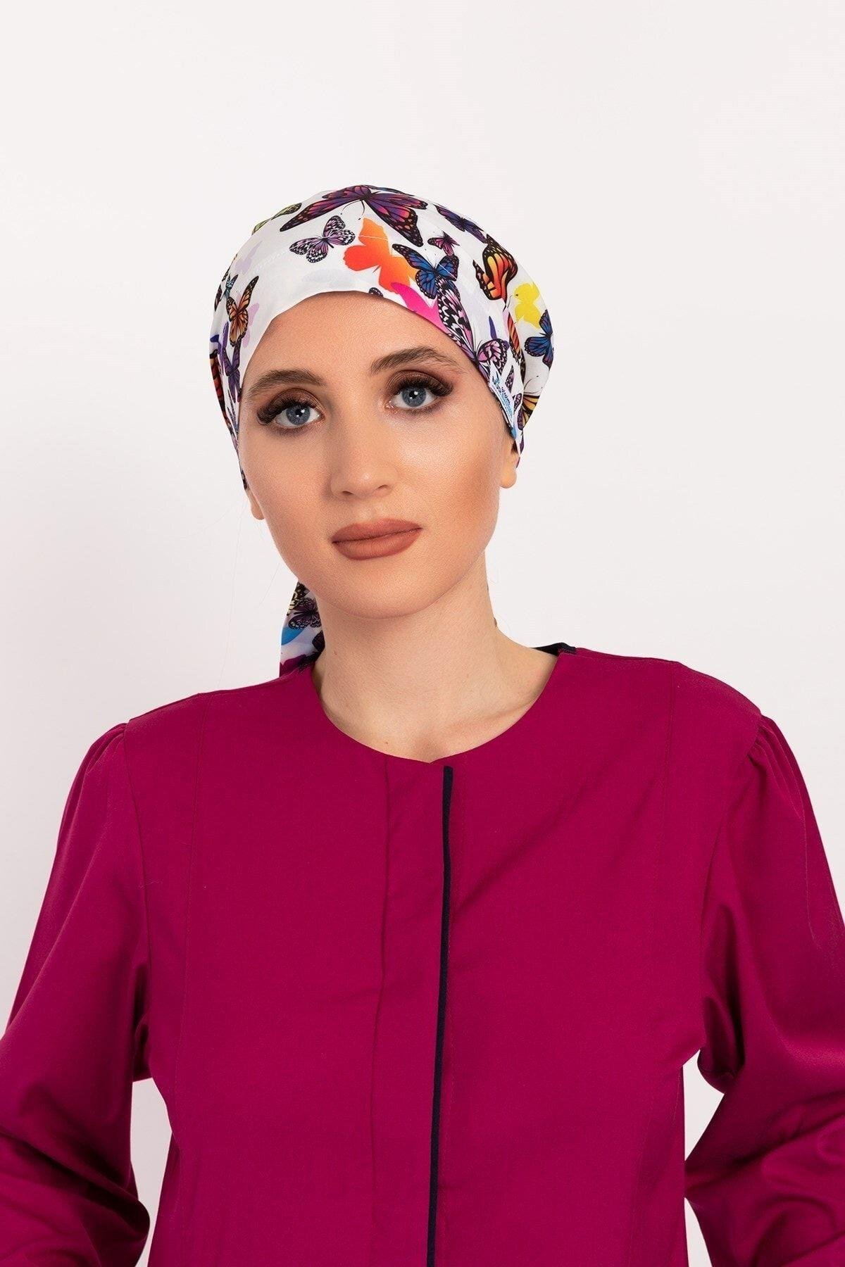 Kadın Mor Kelebek Desenli Tesettür Doktor Hemşire Hastane Aşçı Cerrahi Bone-Nur Medikal Giyim