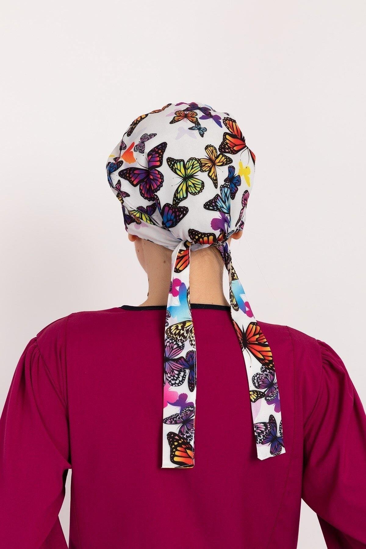 Kadın Mor Kelebek Desenli Tesettür Doktor Hemşire Hastane Aşçı Cerrahi Bone-Nur Medikal Giyim