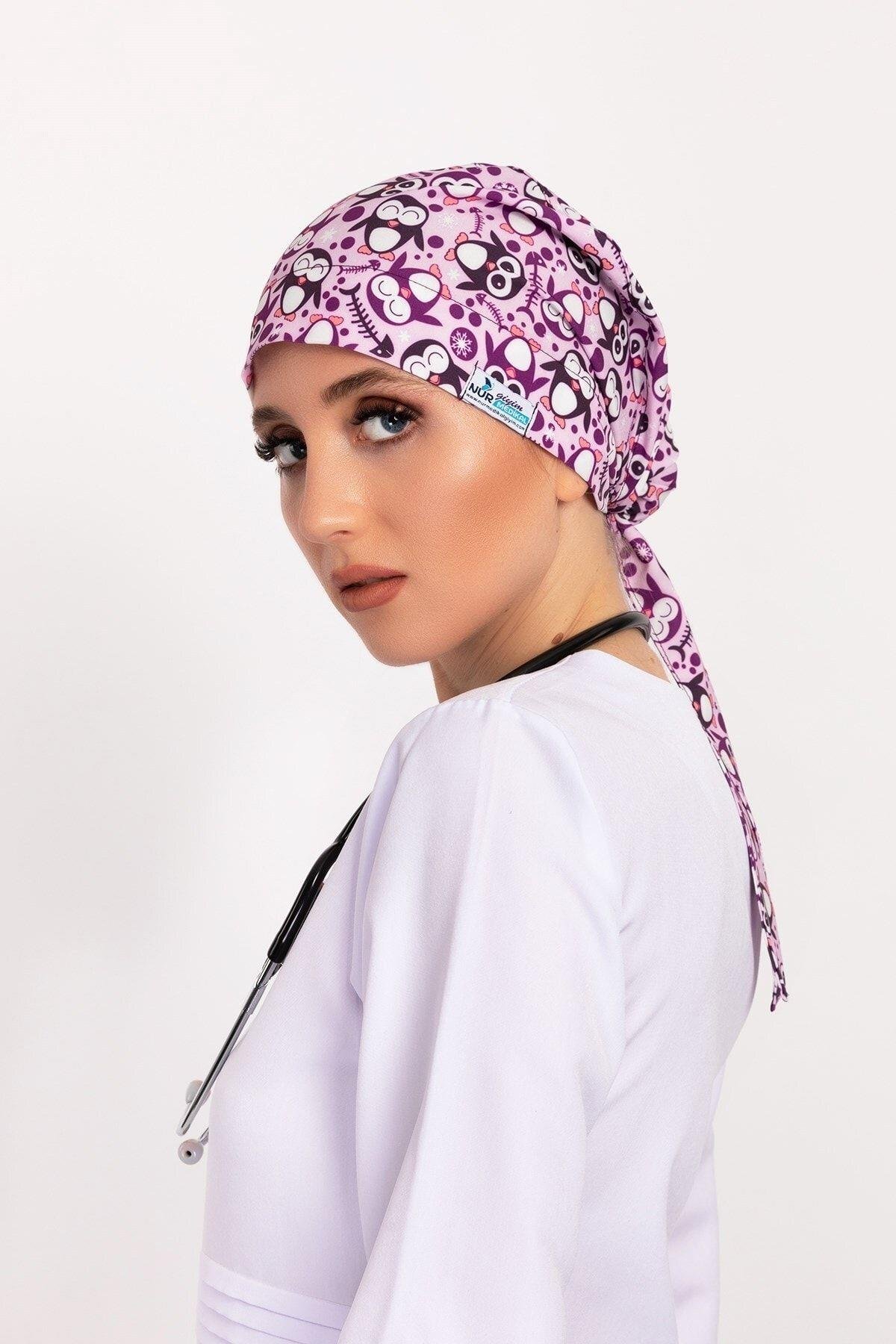 Kadın Neşeli Penguenler Desenli Tesettür Doktor Hemşire Hastane Aşçı Bonesi-Nur Medikal Giyim