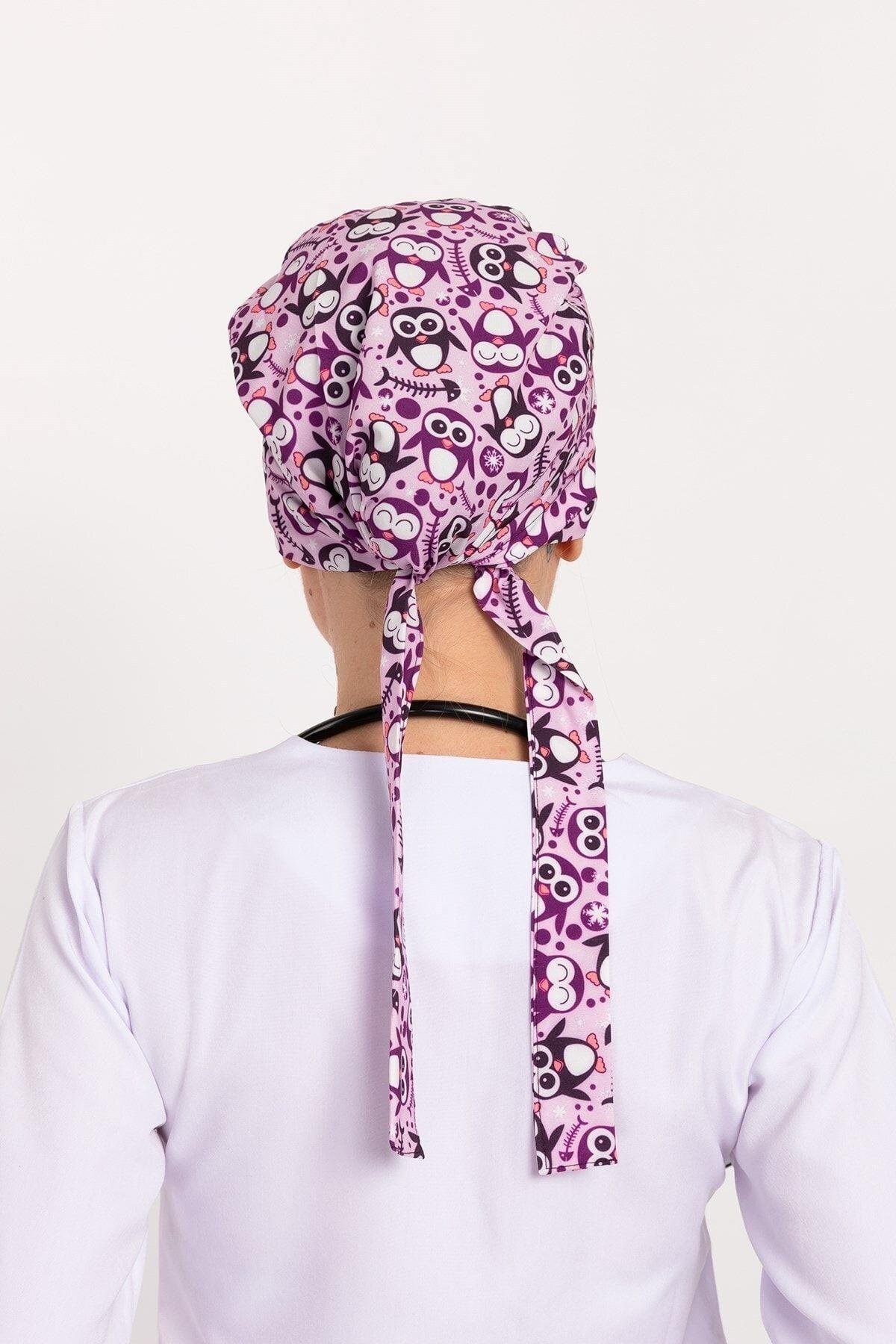 Kadın Neşeli Penguenler Desenli Tesettür Doktor Hemşire Hastane Aşçı Bonesi-Nur Medikal Giyim