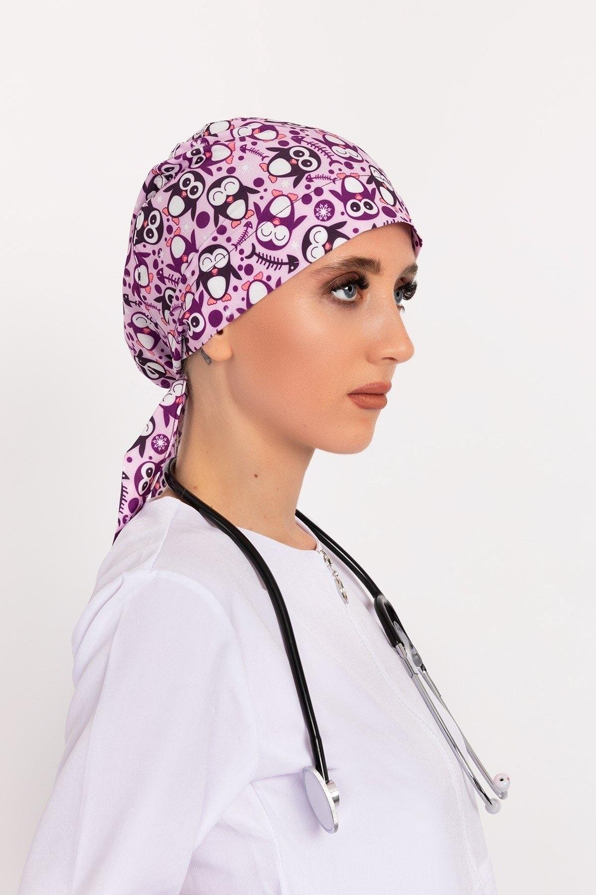 Kadın Neşeli Penguenler Desenli Tesettür Doktor Hemşire Hastane Aşçı Bonesi-Nur Medikal Giyim