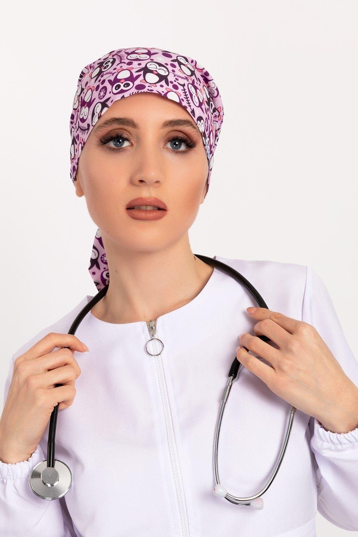 Kadın Neşeli Penguenler Desenli Tesettür Doktor Hemşire Hastane Aşçı Bonesi-Nur Medikal Giyim