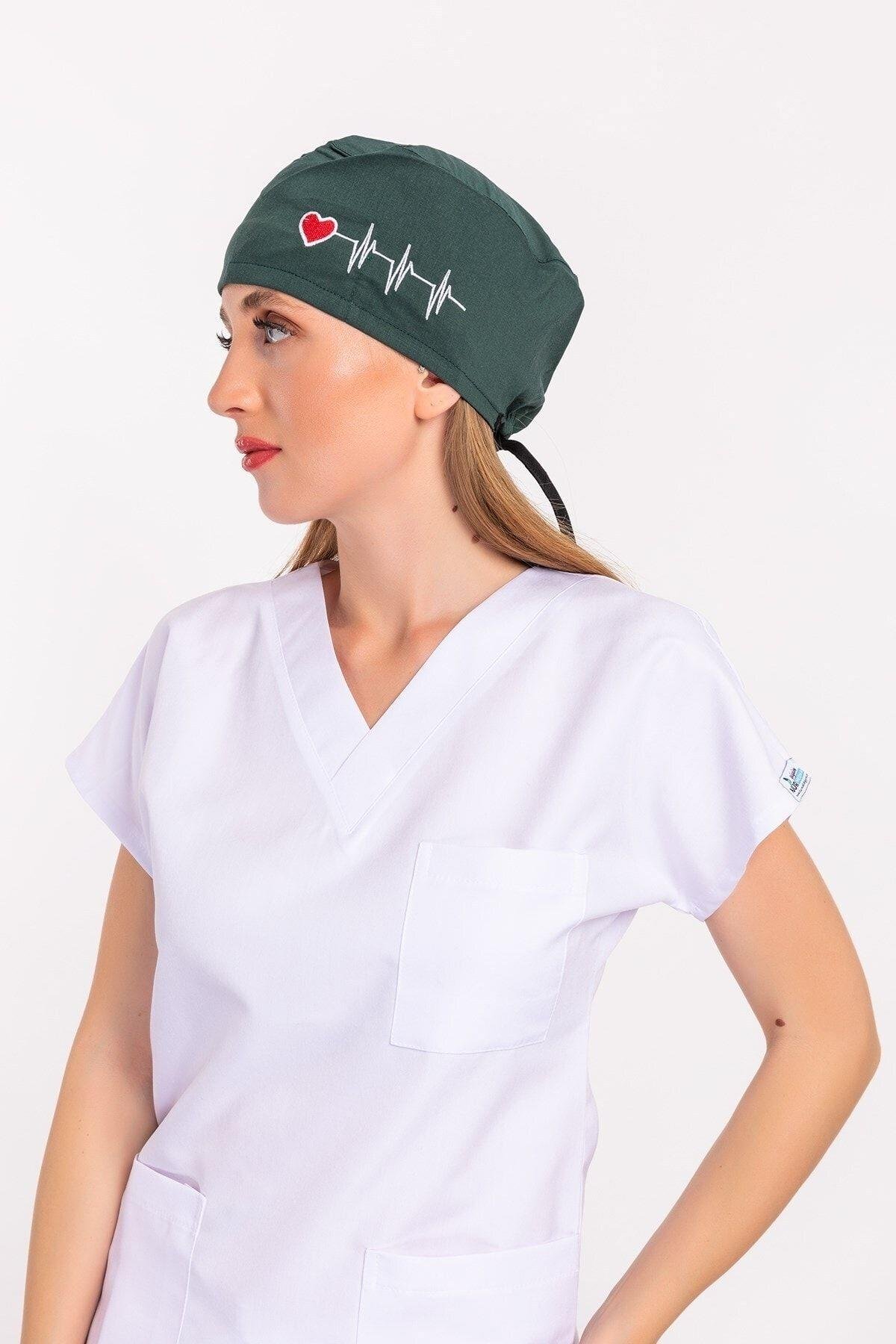 Kadın Ördek Başı Yeşili Kalp Ritim Işlemeli Cerrahi Bone-Nur Medikal Giyim