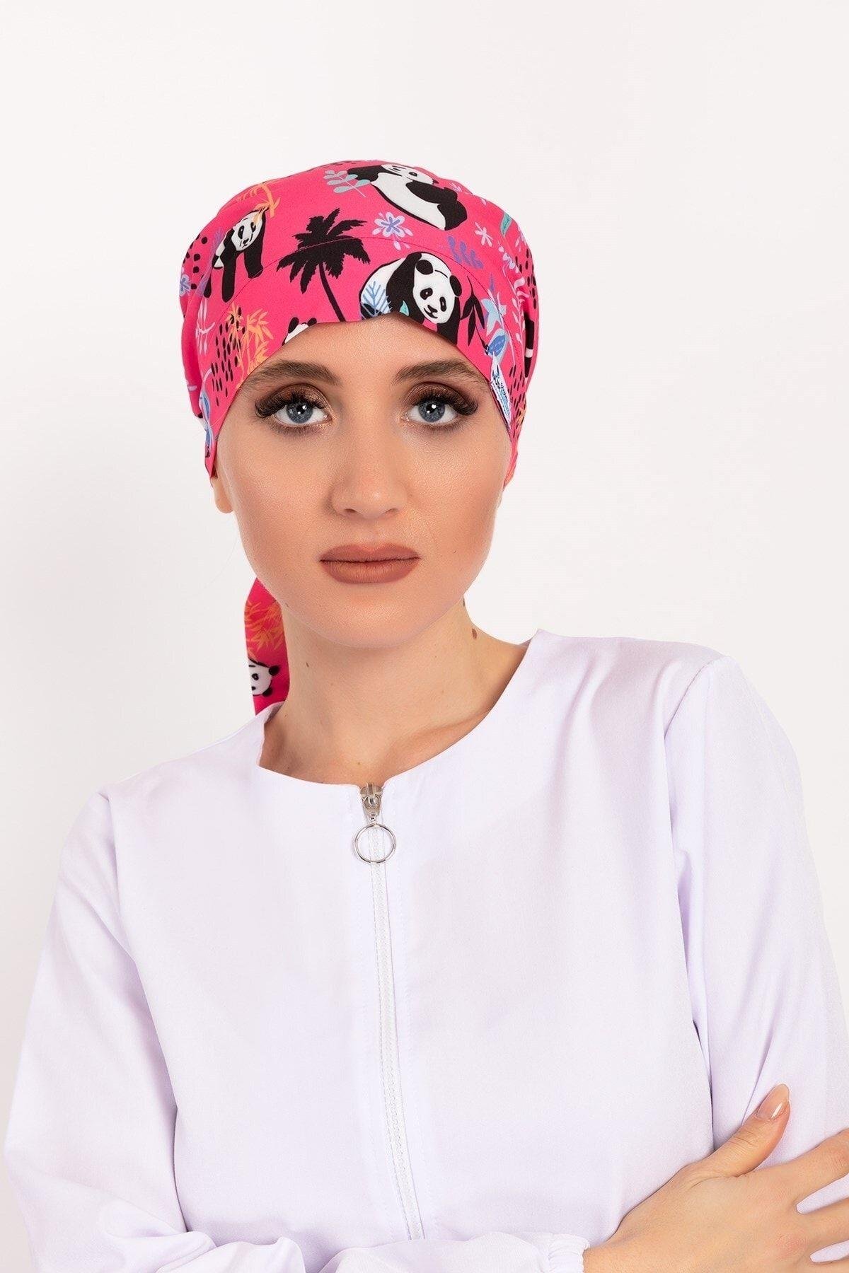 Kadın Pembe Panda Desenli Tesettür Doktor Hemşire Hastane Aşçı Cerrahi Bone-Nur Medikal Giyim