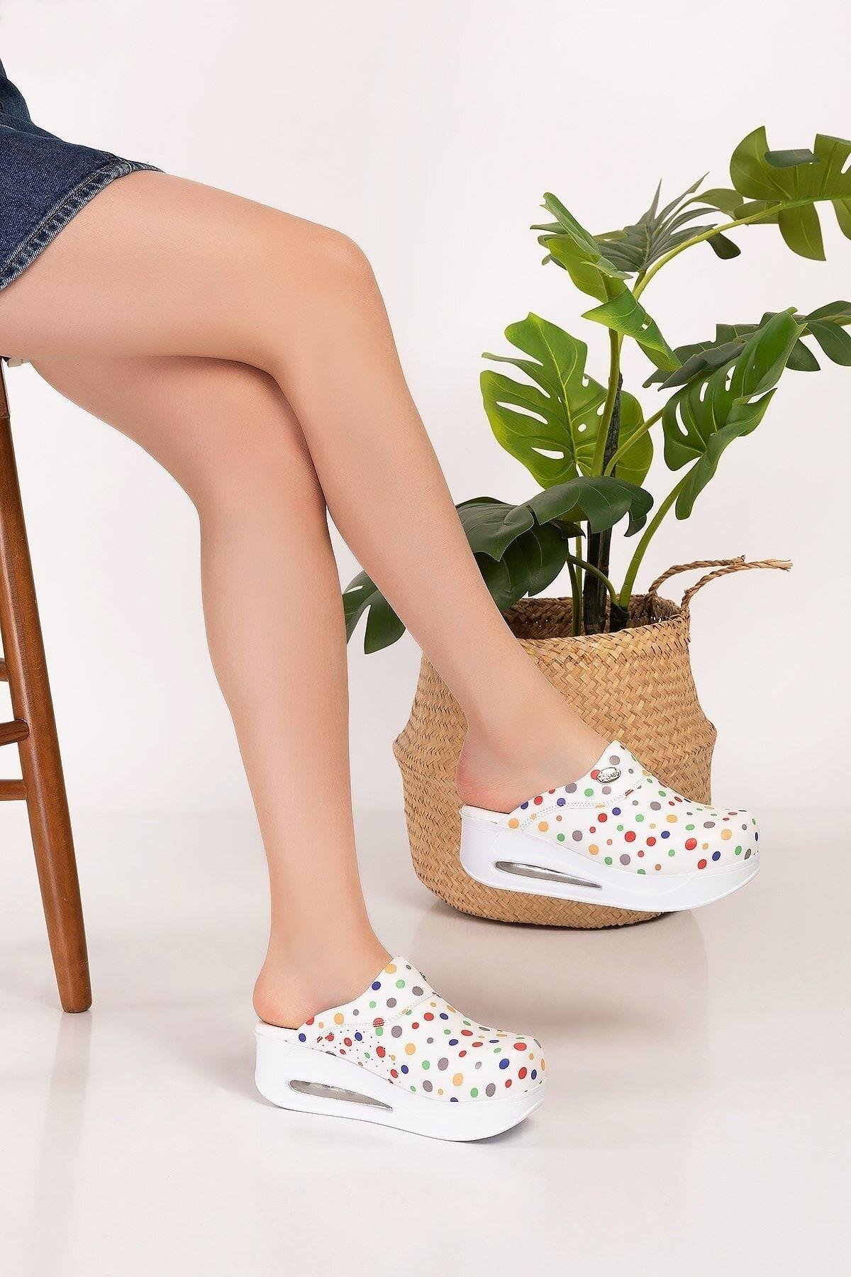 Kadın Renkli Puantiyeli Desenli Kapalı Airmax Sabo 900 Aşçı Mutfak Doktor Hemşire Hastane Terliği-Nur Ortopedi