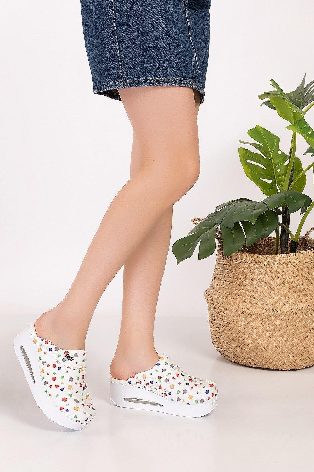 Kadın Renkli Puantiyeli Desenli Kapalı Airmax Sabo 900 Aşçı Mutfak Doktor Hemşire Hastane Terliği-Nur Ortopedi