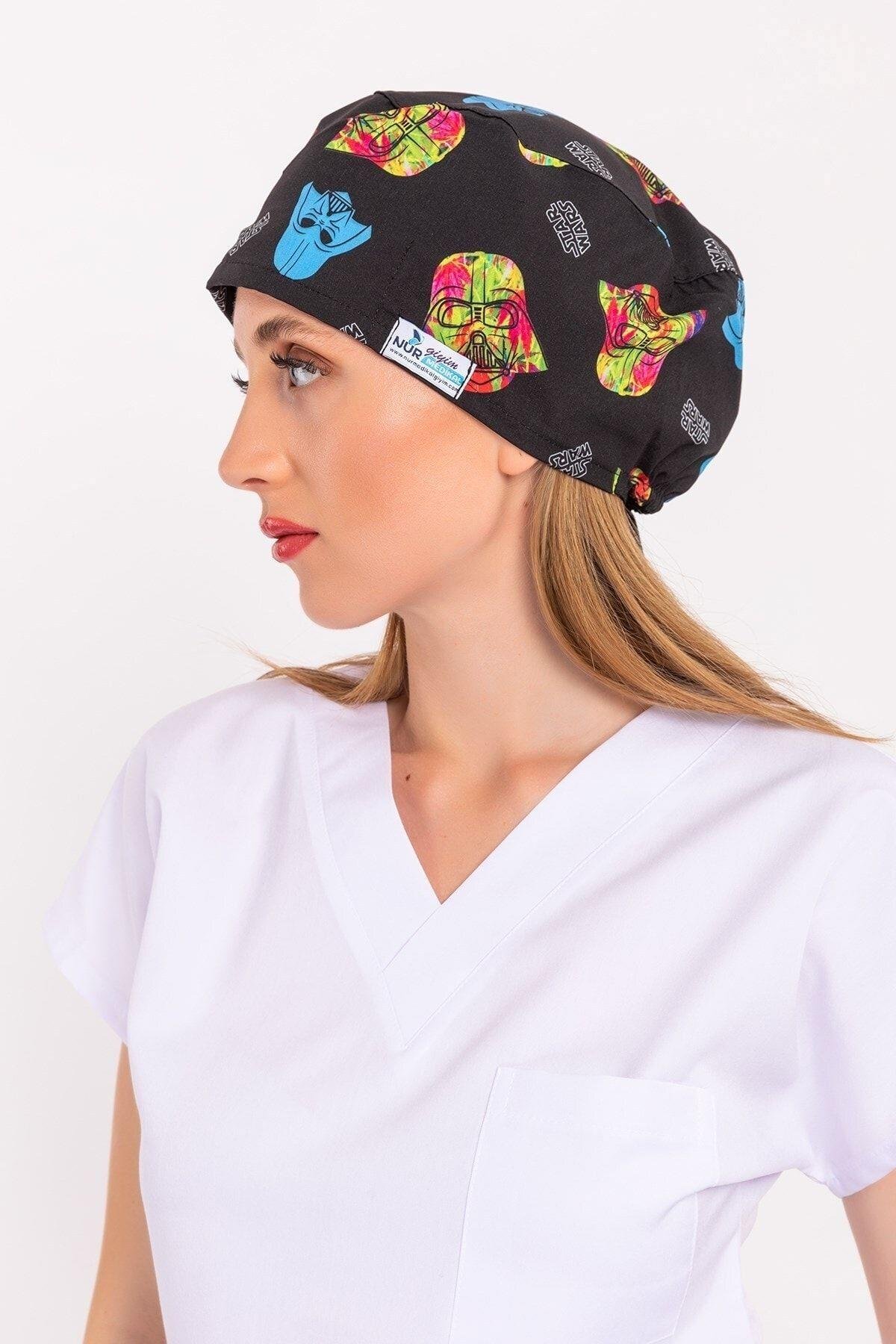 Kadın Renkli Star Wars Desenli Cerrahi Bone-Nur Medikal Giyim