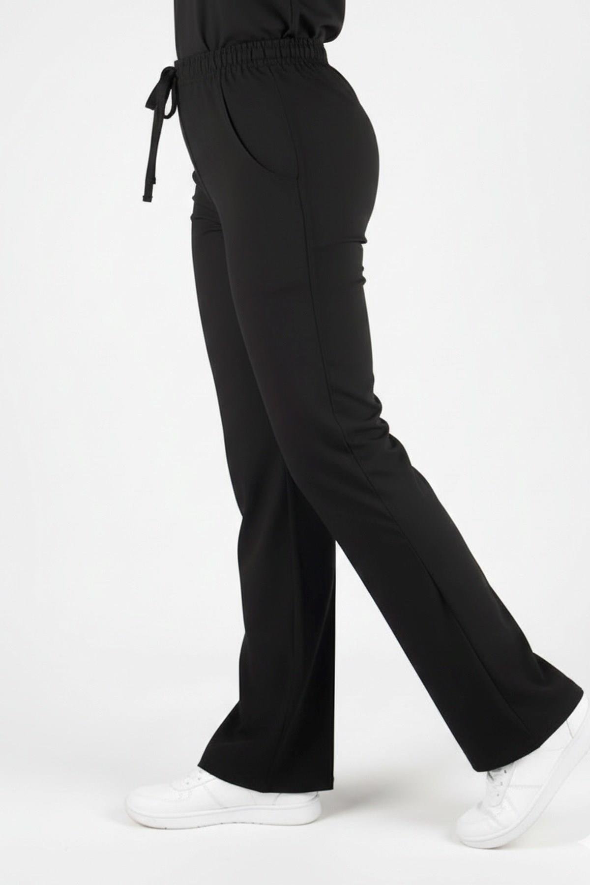 Kadın Siyah Likralı İspanyol Paça Doktor Hemşire Scrubs Pantolonu-Nur Medikal Giyim