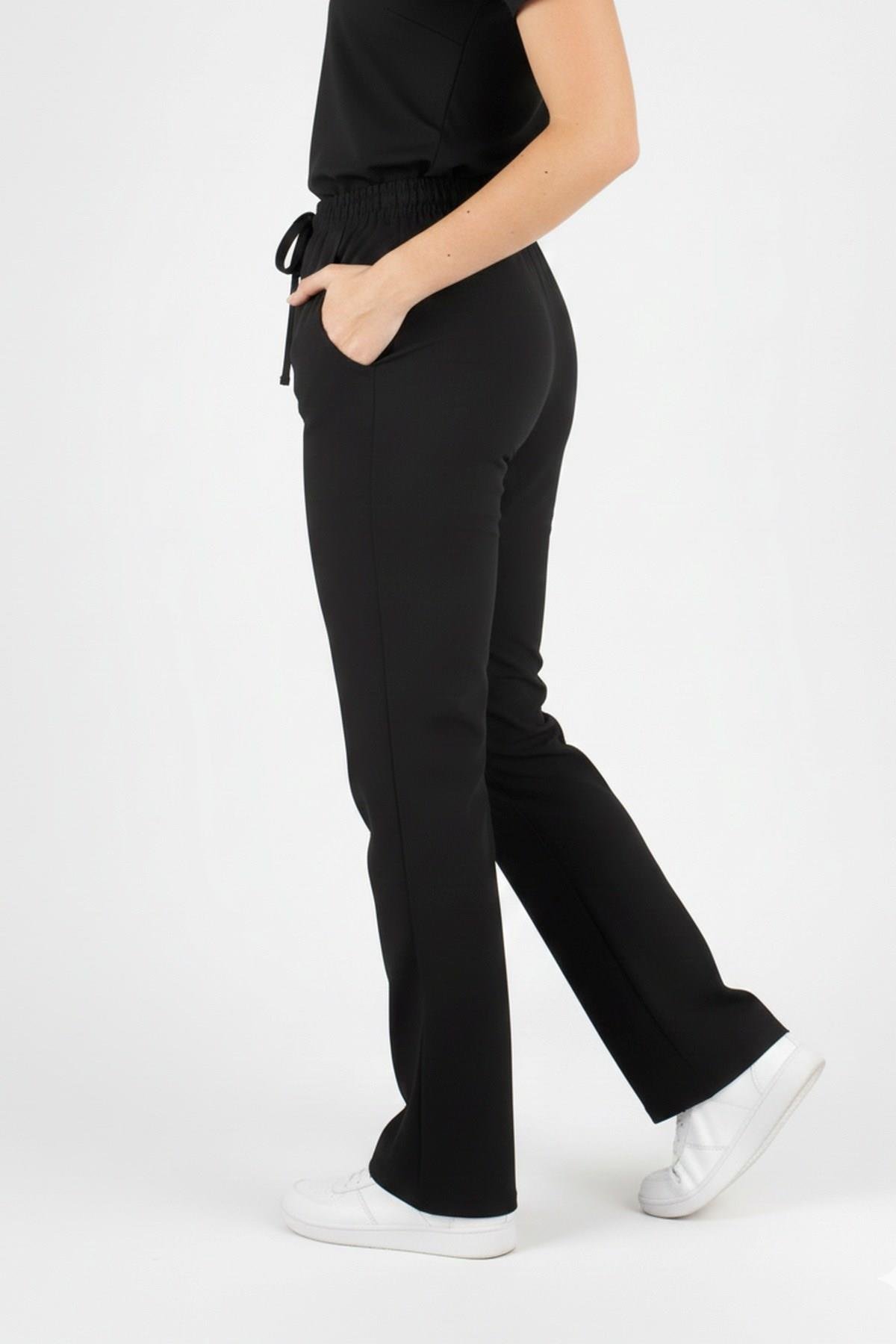 Kadın Siyah Likralı İspanyol Paça Doktor Hemşire Scrubs Pantolonu-Nur Medikal Giyim