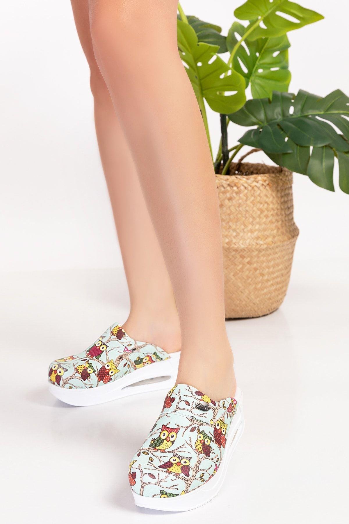 Kadın Su Yeşil Baykuş Desenli Kapalı Airmax Sabo 953 Aşçı Mutfak Doktor Hemşire Hastane Terliği-Nur Ortopedi