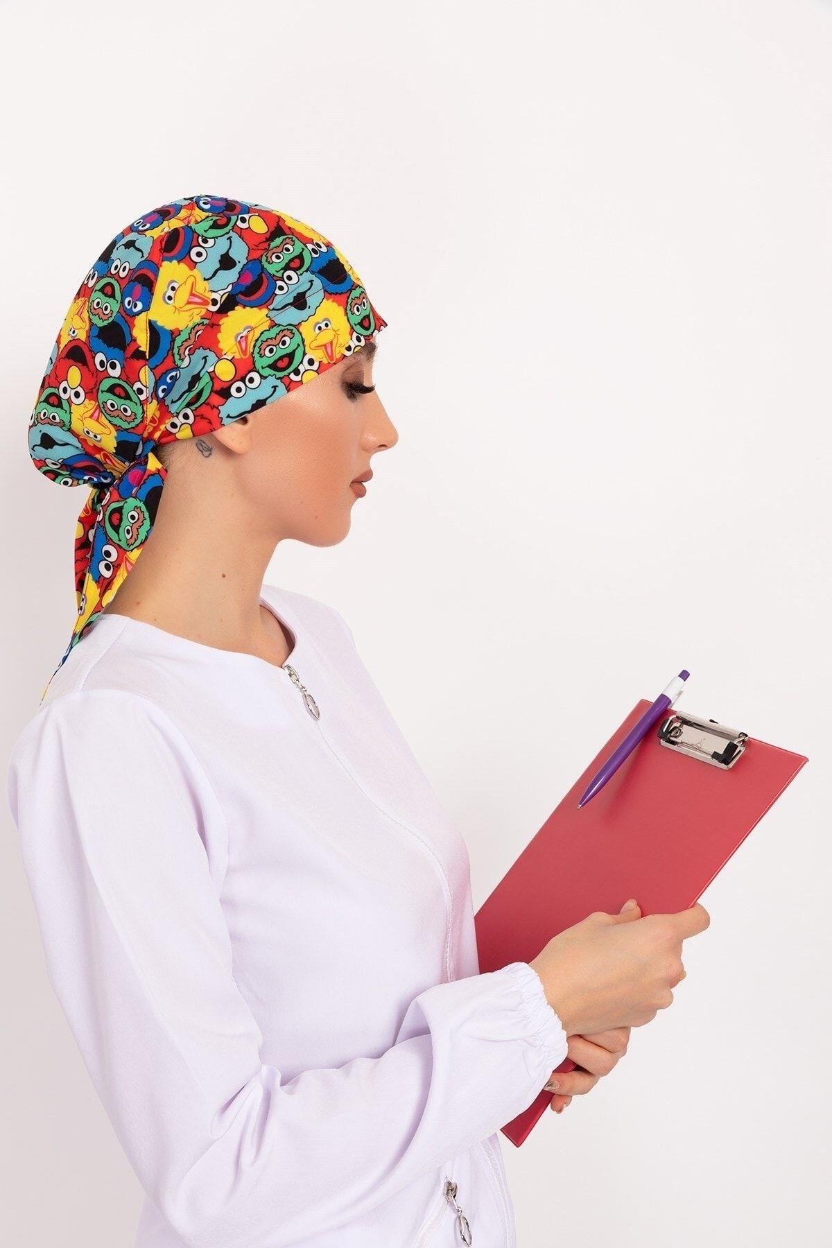 Kadın Susam Sokağı Desenli Tesettür Doktor Hemşire Hastane Aşçı Cerrahi Bonesi-Nur Medikal Giyim