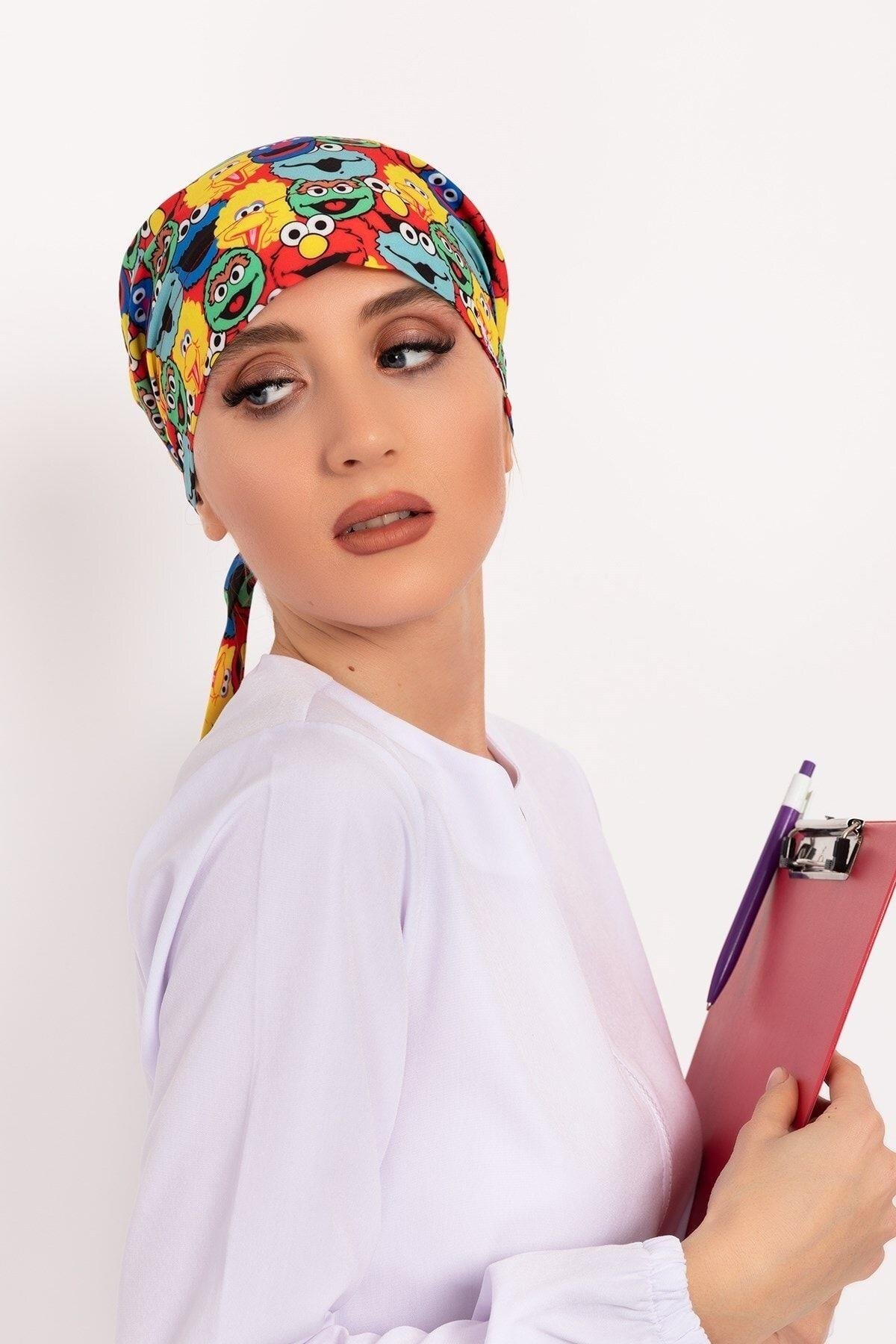 Kadın Susam Sokağı Desenli Tesettür Doktor Hemşire Hastane Aşçı Cerrahi Bonesi-Nur Medikal Giyim