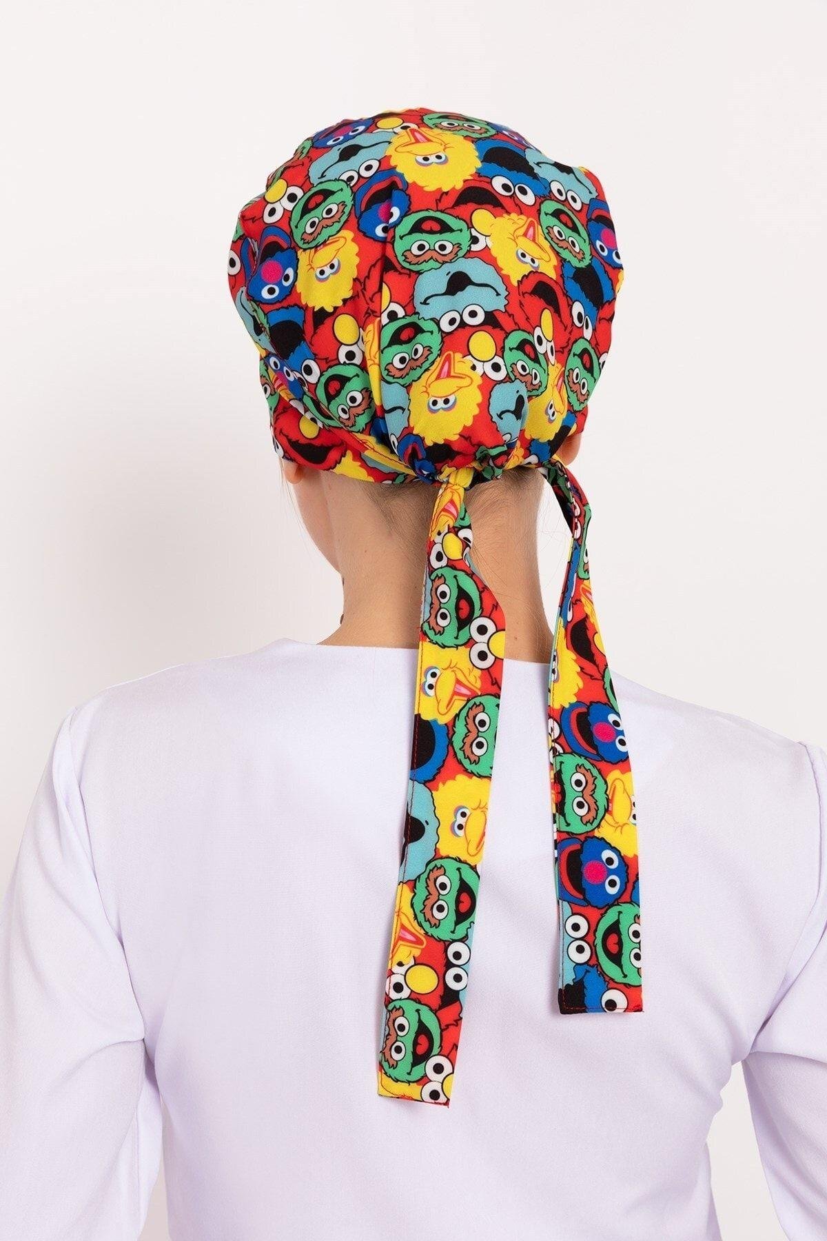 Kadın Susam Sokağı Desenli Tesettür Doktor Hemşire Hastane Aşçı Cerrahi Bonesi-Nur Medikal Giyim