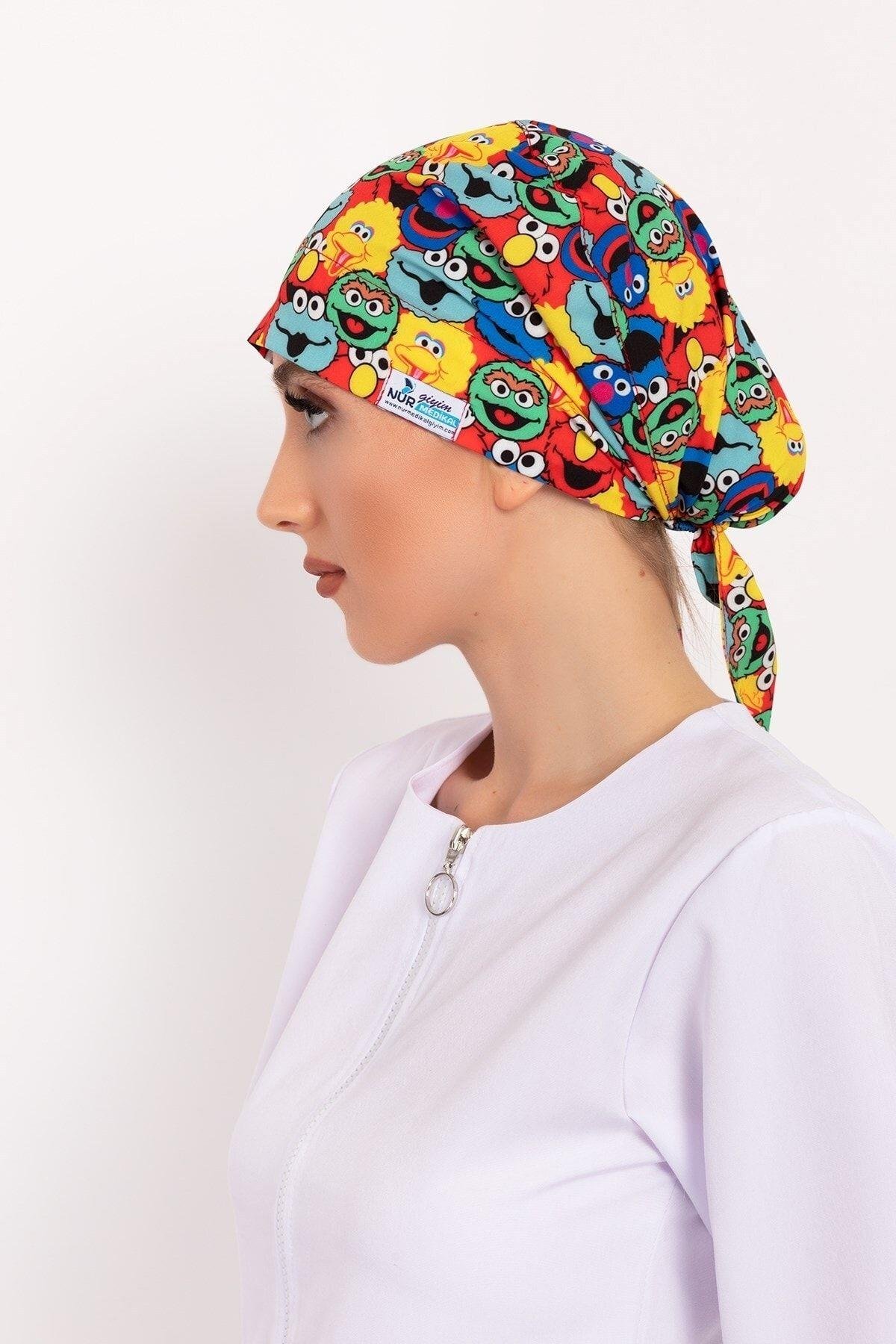 Kadın Susam Sokağı Desenli Tesettür Doktor Hemşire Hastane Aşçı Cerrahi Bonesi-Nur Medikal Giyim