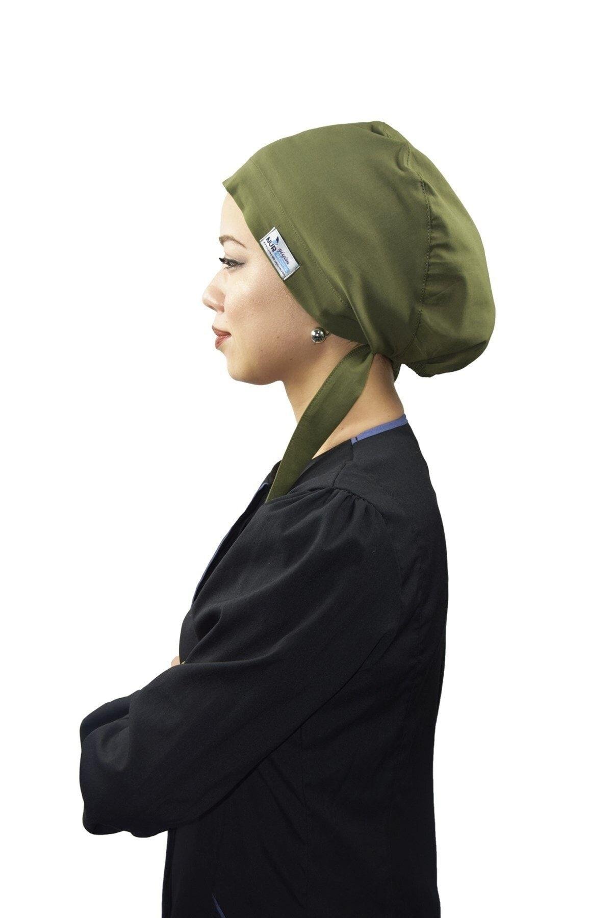 Kadın Tesettür Düz Haki Yeşil Doktor Hemşire Aşçı Tesettür Cerrahi Bone-Nur Medikal Giyim